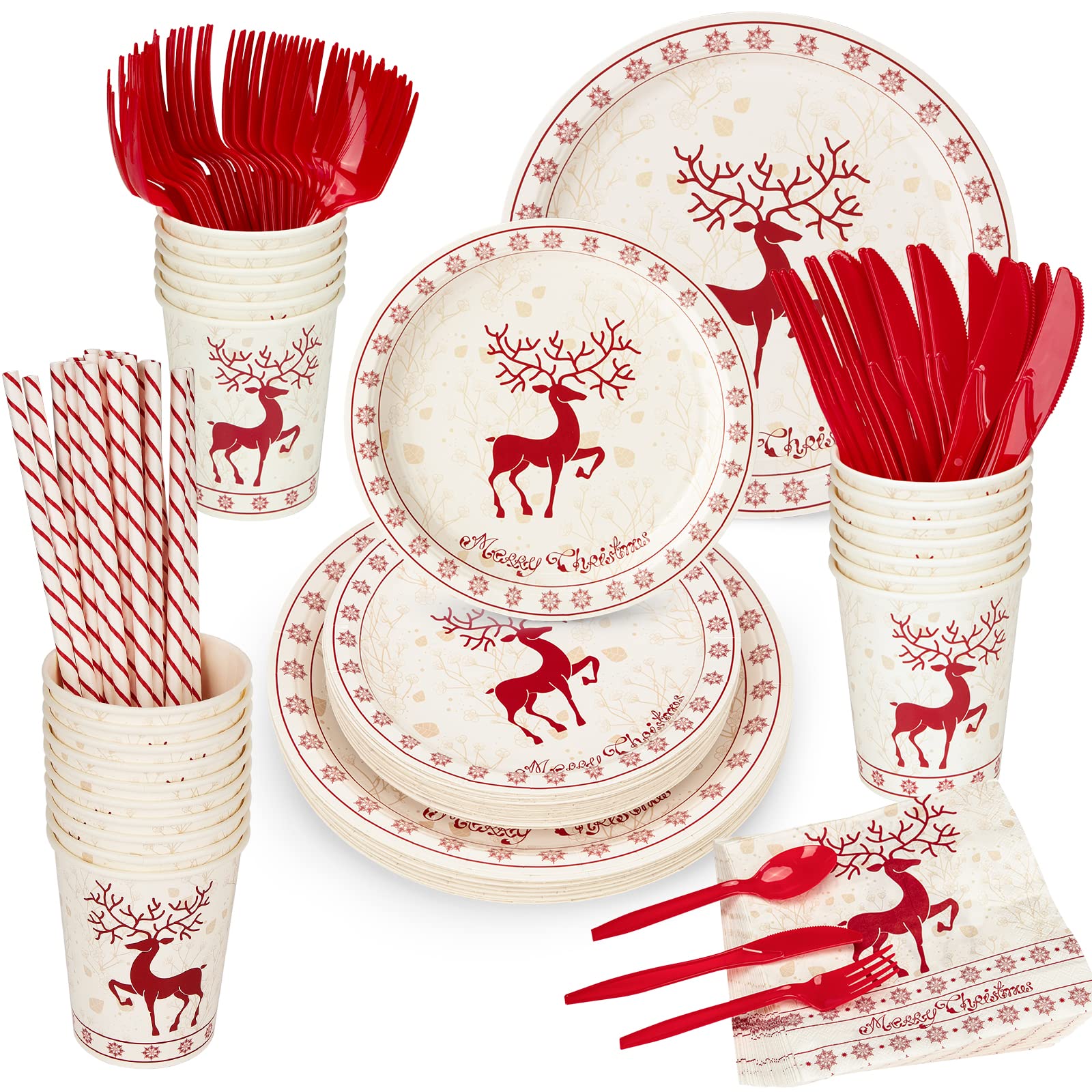 Garvee 215 Pcs Christmas Plates and Napkins Set Serve 25, Christmas Elk Disposable Tableware Set, Christmas Decorations Includes Plates, Cups, Napkins
