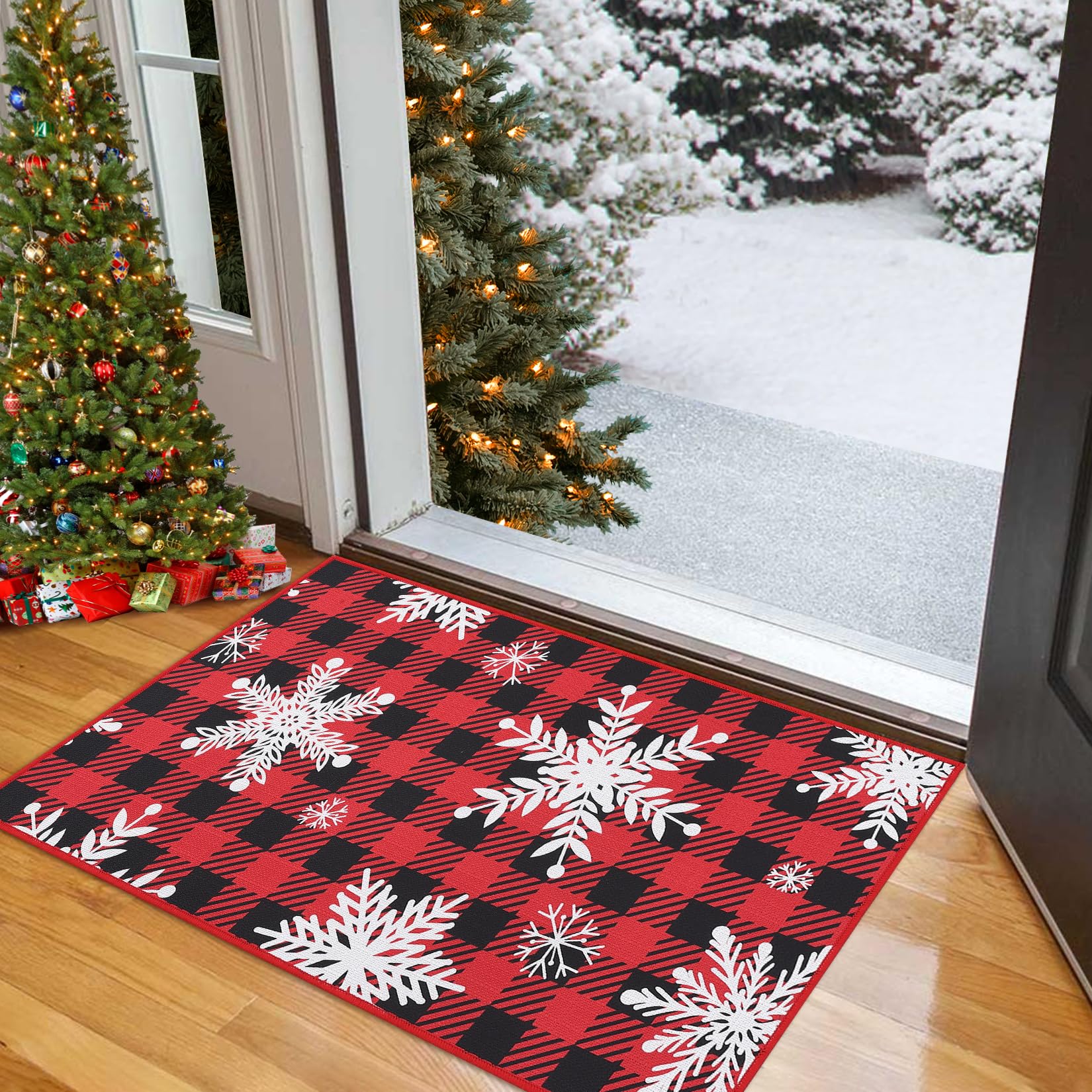 Garvee Christmas Doormat Buffalo Plaid Door Mat Snowflakes Xmas Checkered Rugs for Home Decoration Indoor-Outdoor Welcome Mat Floor Mat Porch-Kitchen-