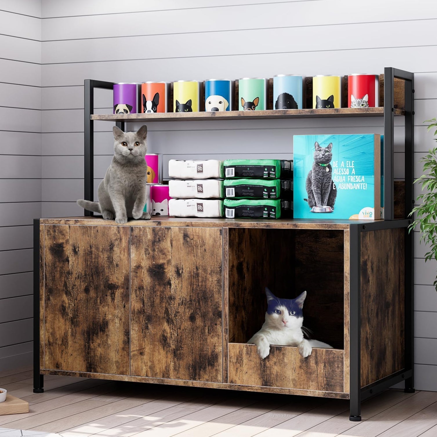 Garvee Litter Box Enclosure, Large Cat Litter Box Enclosure with Storage Shelf and Cat Claw Board, Wooden Hidden Cat Litter Box Furniture with 2 Doors