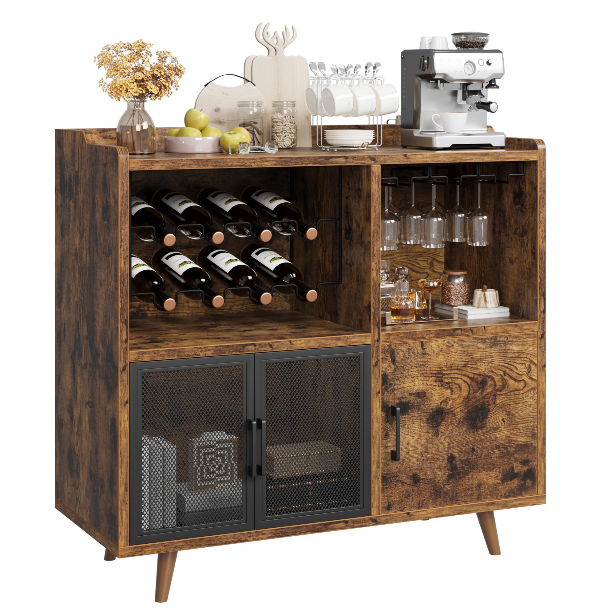 Garvee Vintage Wine Bar Cabinet, Liquor Coffee Bar Cabinet with Wine Rack and Glass Hanger, Sturdy Buffet Storage Cabinet for Kitchen Dining Living Ro