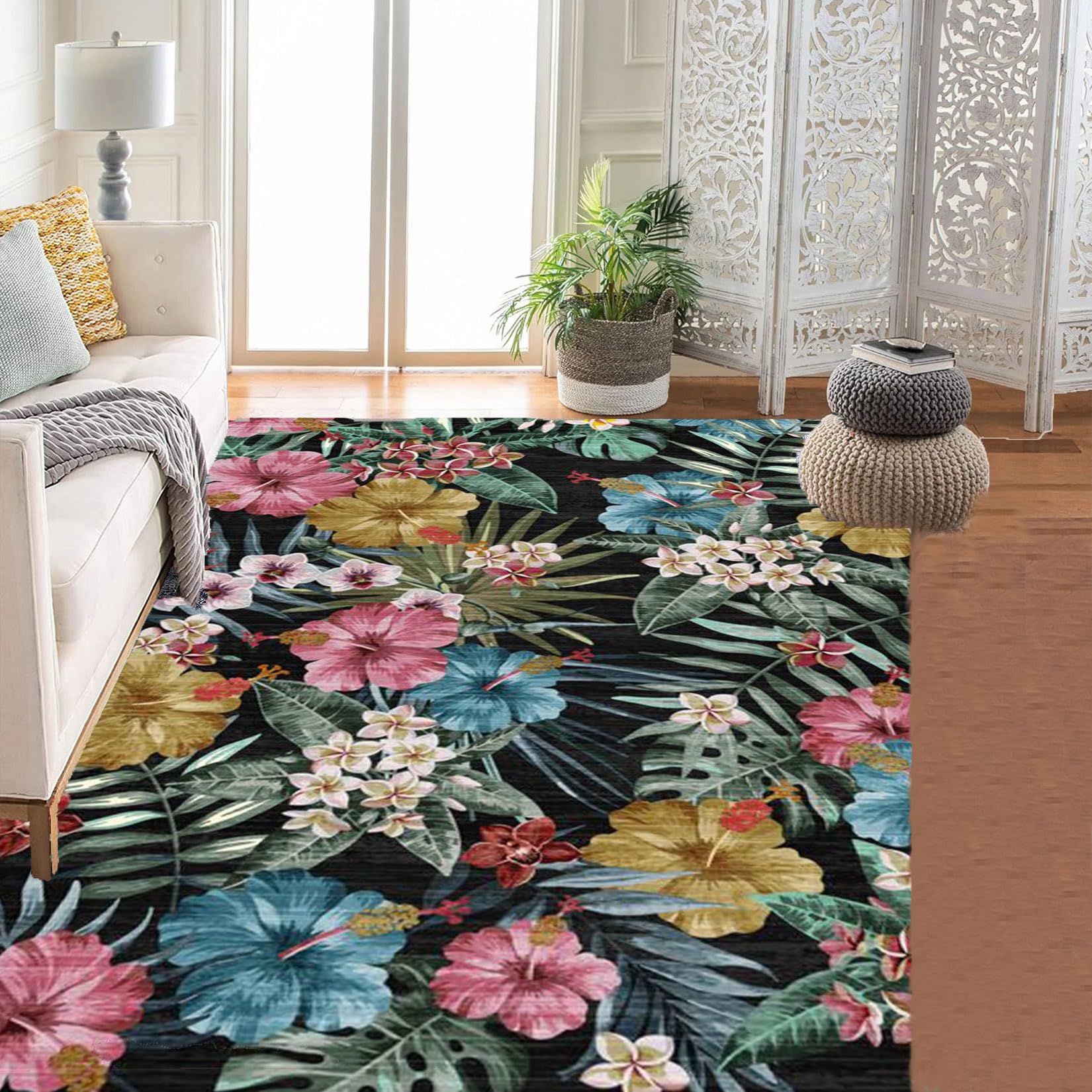 Garvee Bedroom Rug Washable Non Slip Low Pile Boho Floral Carpet 2x6ft Black