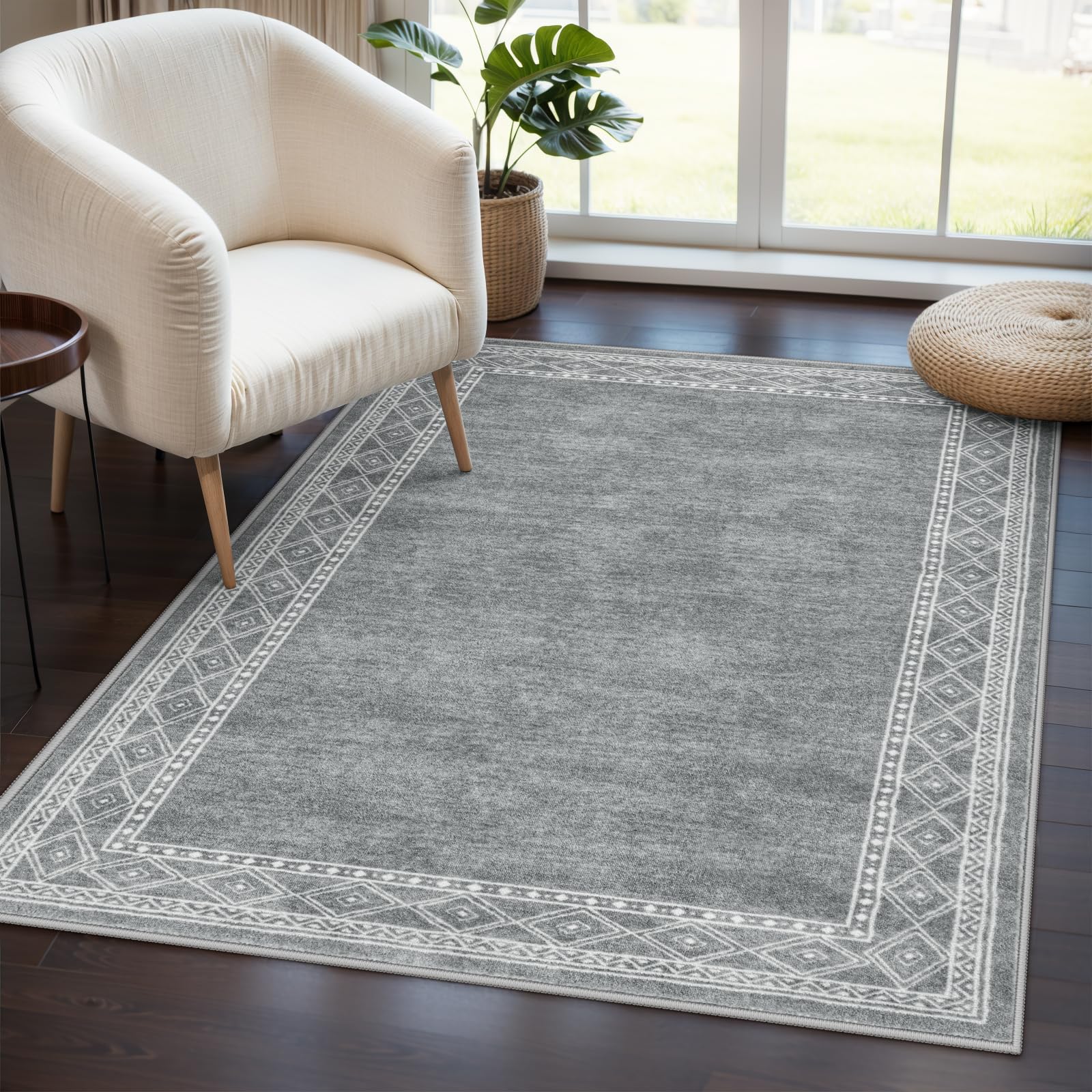 Lahome Modern Bordered Machine Washable Rug, Ultra-Thin 3x5 Rugs for Entryway Bedroom, Non-Slip Stain Resistant Small Carpet for Laundry Entrance (3'x