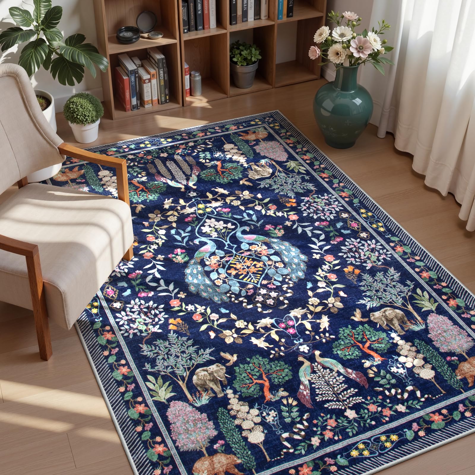 Lahome Blue Area Rugs 4x6 Machine Washable,Office Room Non Slip Low Pile Entryway Rug Boho Throw Carpet for Bedroom, Bedside, Dorm, Dining Room(Blue)