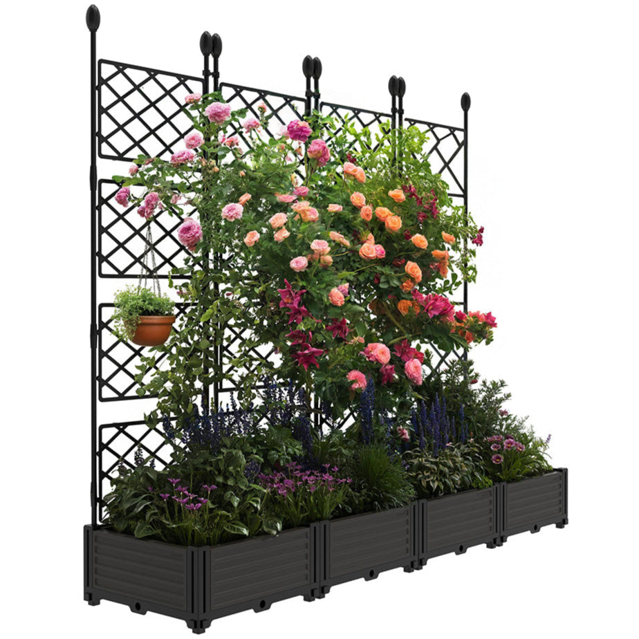 Garvee 4Pcs Plastic Plant Box with Metal Trellis, Raised Garden Bed with Trellis Planter for Climbing Plant Outdoor Raised Planter Box Privacy Screen 