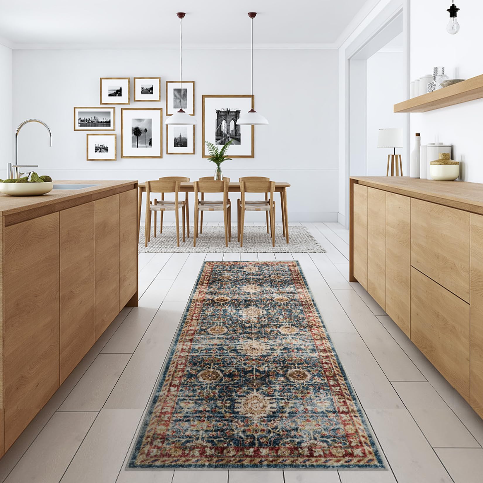 Garvee 2x6 Non Slip Washable Kitchen Runner Rug for Hallways Vintage Boho Blue Soft Indoor Carpet