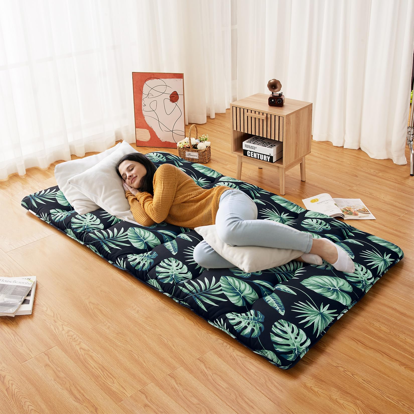 Garvee Japanese Futon Mattress, Full Size Futon Floor Mattress Japanese Style Floral Pattern Mattress for Floor, Tatami Mat, Sleeping Mattress Pad for