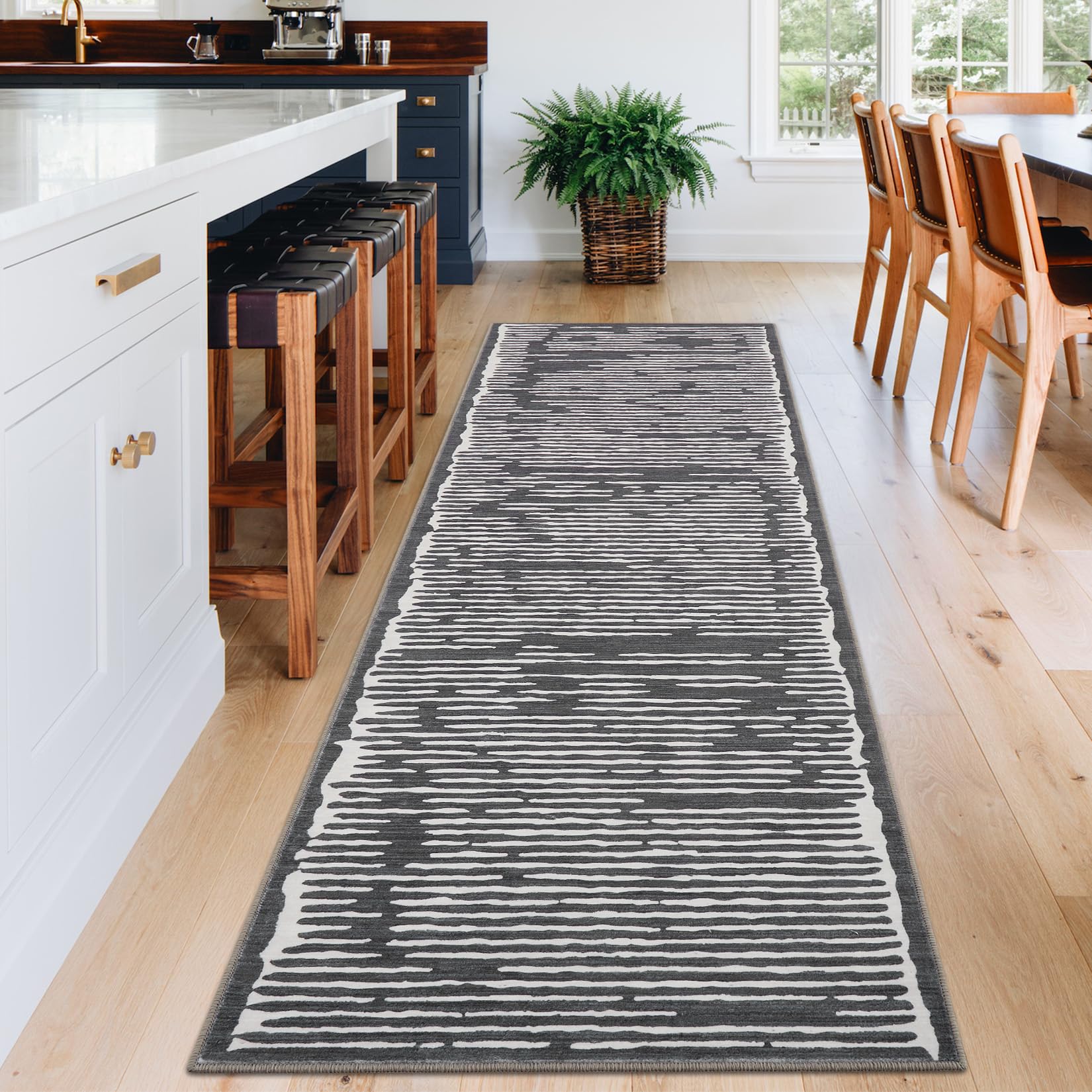 Garvee Runner Rug 2x6 Modern Stripe Carpet for Hallway Black Gray, Soft Non Slip Low Pile Machine Washable