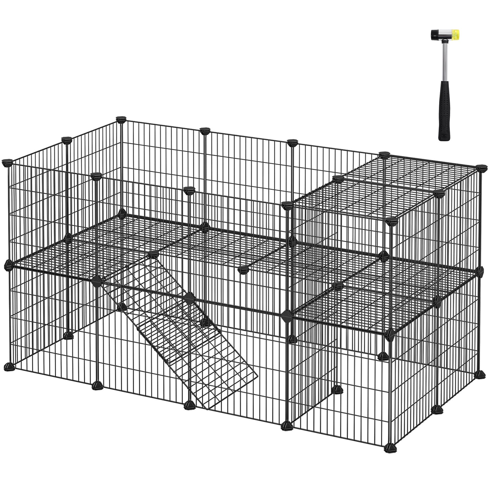 SONGMICS Pet Playpen, Small Animal Playpen, Rabbit Guinea Pig Cage, Zip Ties Included, Metal Wire Apartment-Style Two-Story Pet Premium Villa for Bunn