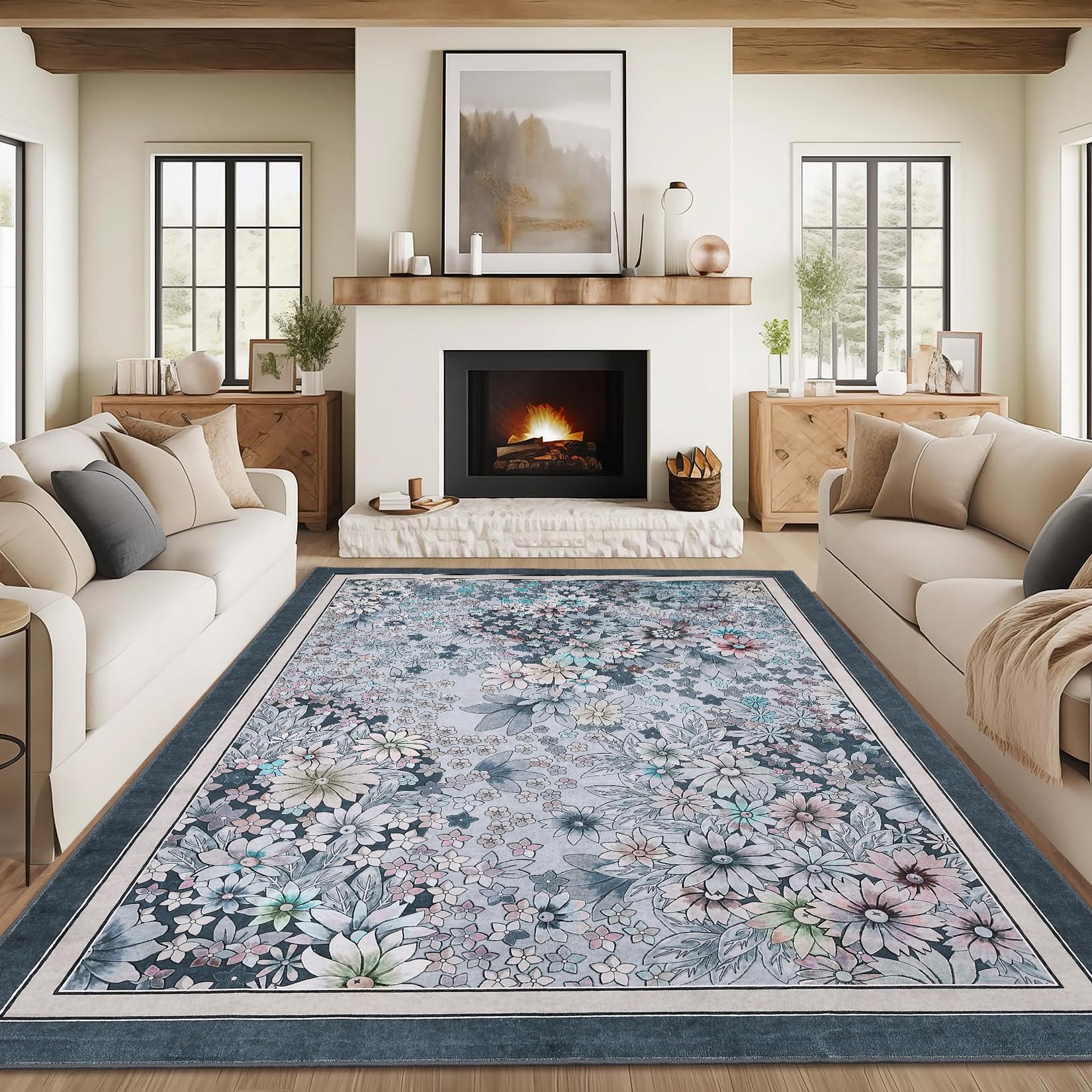 Garvee 8x10 Area Rugs Washable Boho Non Slip Floral Vintage Low Pile Large Carpet Gray Blue for Living Room Bedroom Farmhouse Dining Room Kids Playroo