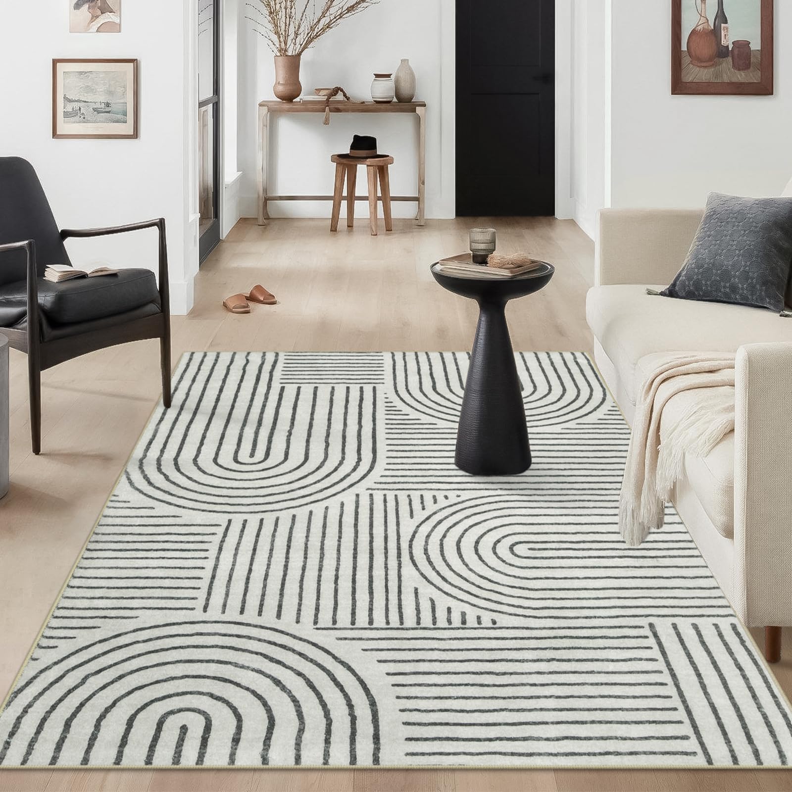 Lahome Abstract Bedroom Rug, Soft 4x6 Rug Ultra-Thin Washable Area Rugs for Living Room, Modern Black Rug Non-Slip Throw Carpet for Entryway Office Ki