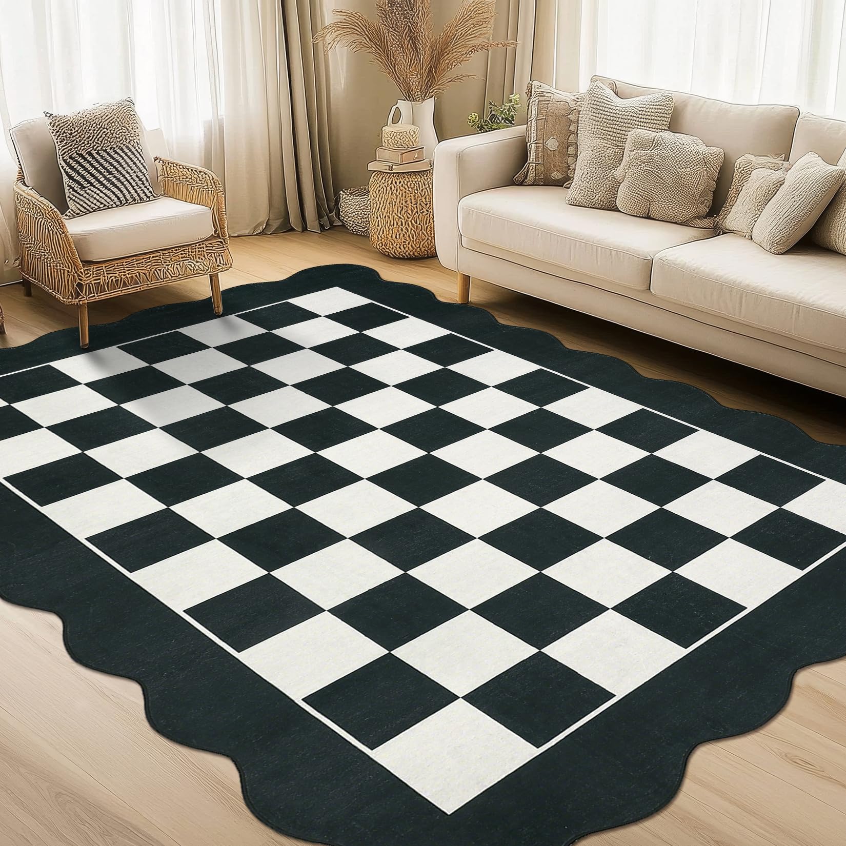 Garvee Large Area Rug Washable Scalloped Neutral Checkerboard Carpet for Living Room Bedroom Dining Room 10x13 Black and White