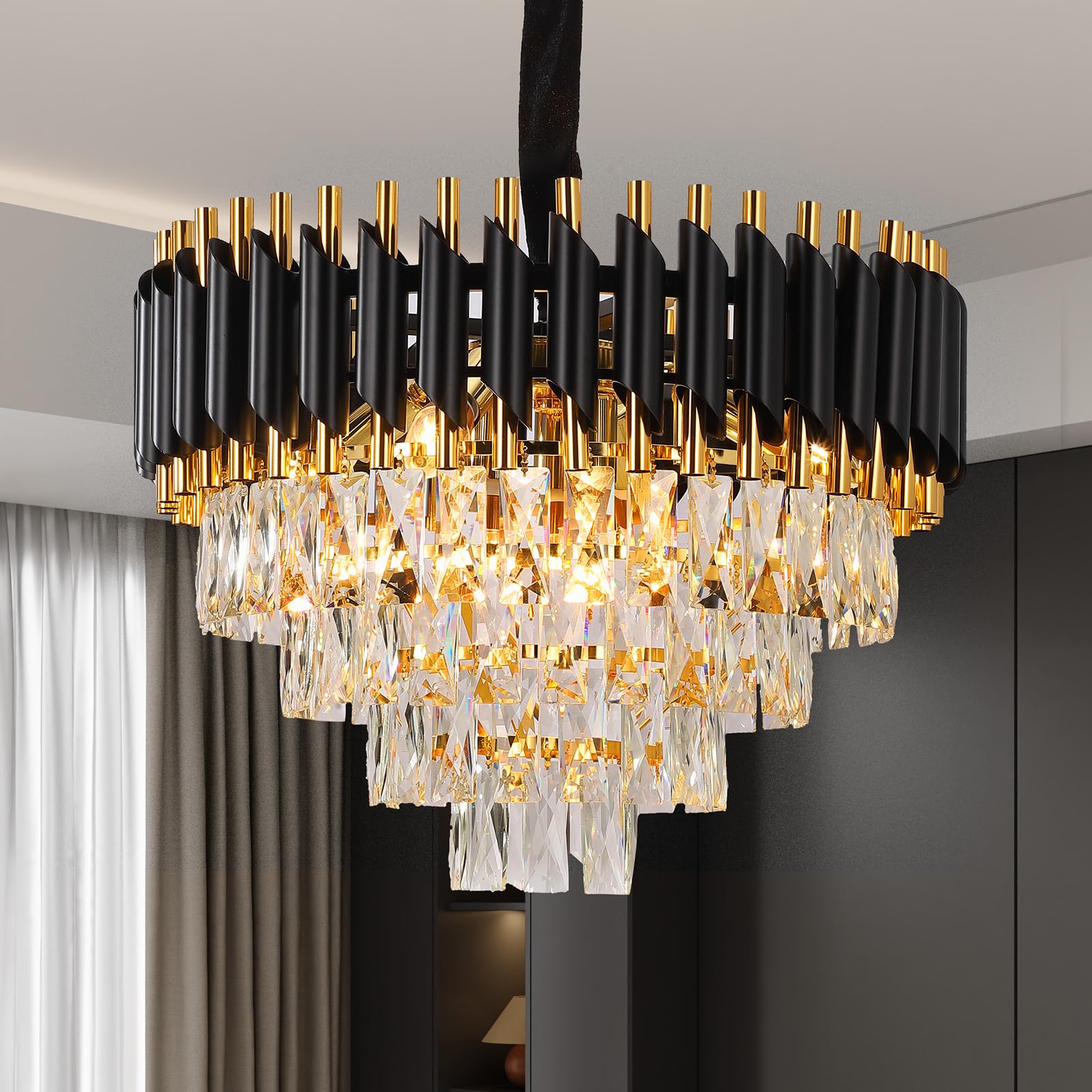 Garvee Modern Crystal Chandeliers 4 Tiers Black and Gold Pendant Light Fixtures, 7 Lights Black Modern Chandeliers for Living Room Dining Room Bedroom