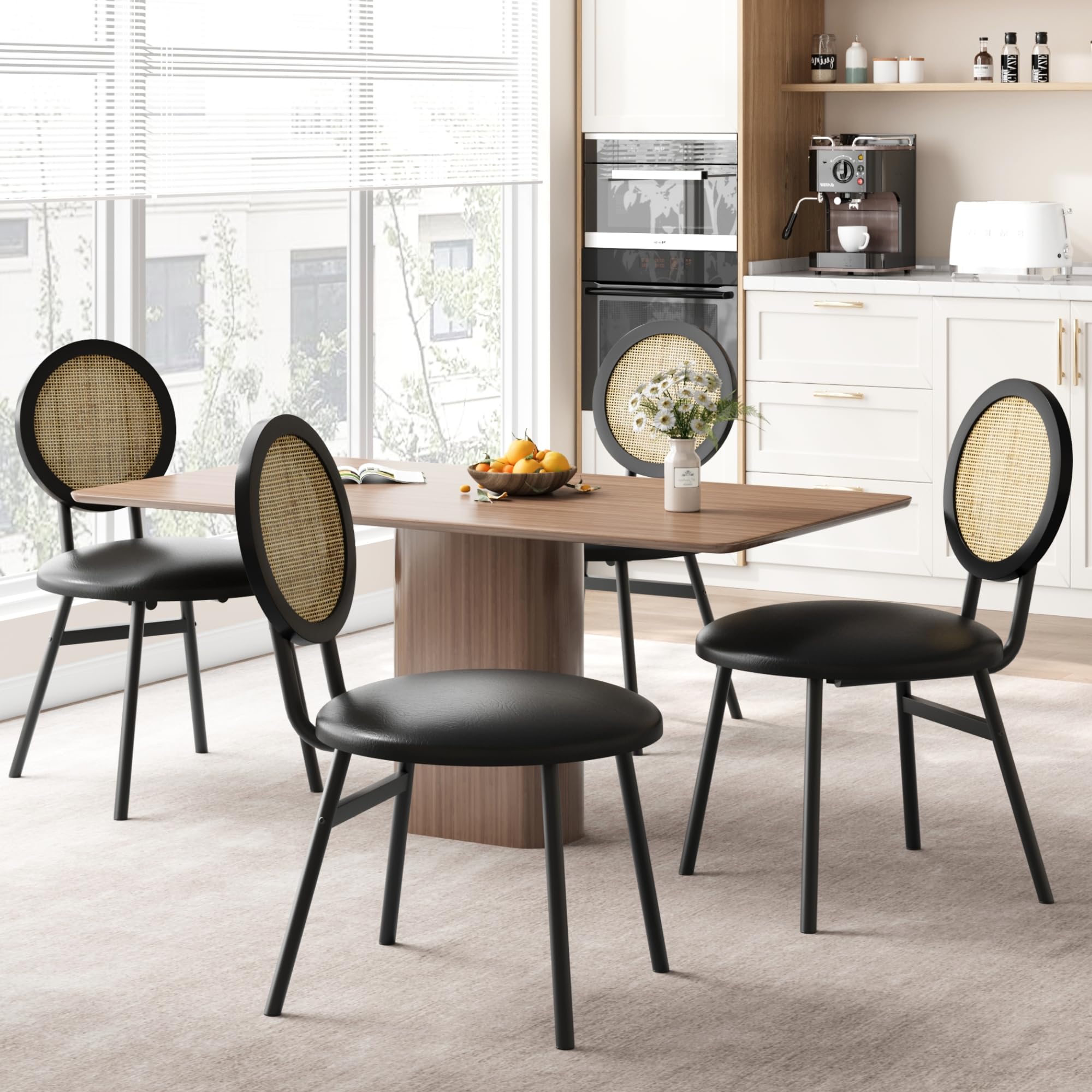 Garvee Dining Chairs Set of 4, Modern Black Rattan, Thicken Upholstered, Metal Legs, Space Saving for Living Room