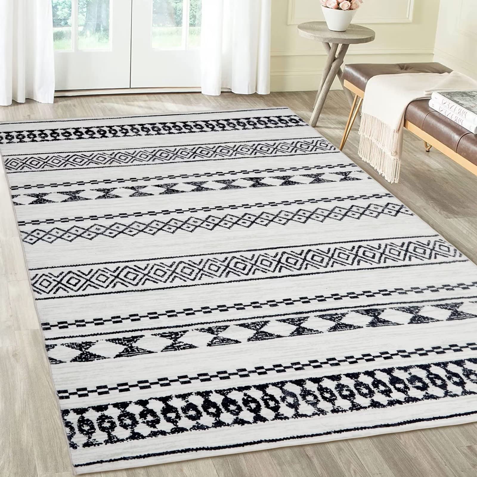 Garvee Boho Black & White 5x7 Geometric Area Rug for Living Room Water Stain Resistant Floor Carpet for Bedroom Low Pile Indoor Floor Mat Non-Slip Fol