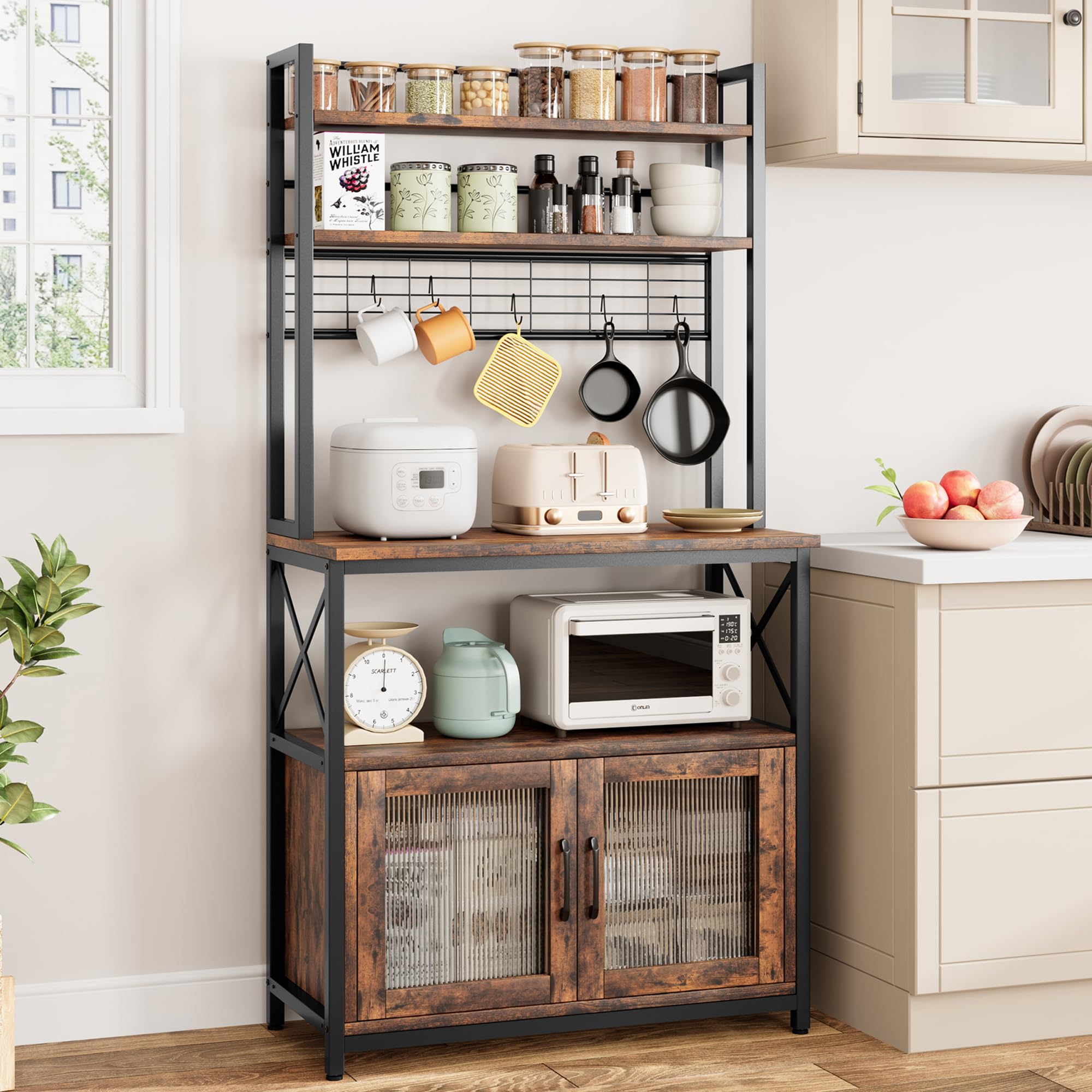 Garvee Bakers Rack with Cabinet 5 Tier Microwave Stand 63.78" Microwave Storage Rack with Door Vintage Kitchen Utility Storage Shelf with Hooks Large 