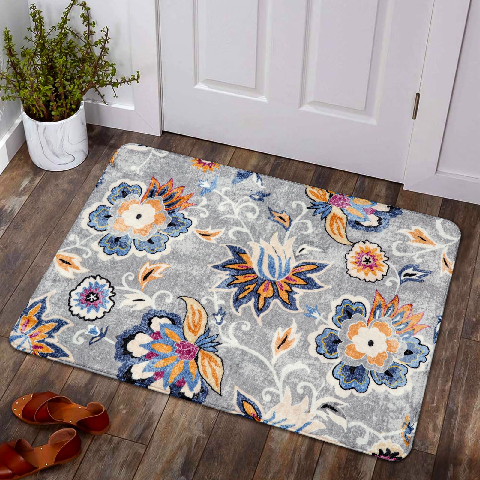 Lahome Floral Indoor Rugs for Entryway - 2x3 Washable Non-Slip Soft Bathroom Rug, Throw Small Area Rug for Bedroom Non-Shedding Grey Paisley Print Doo