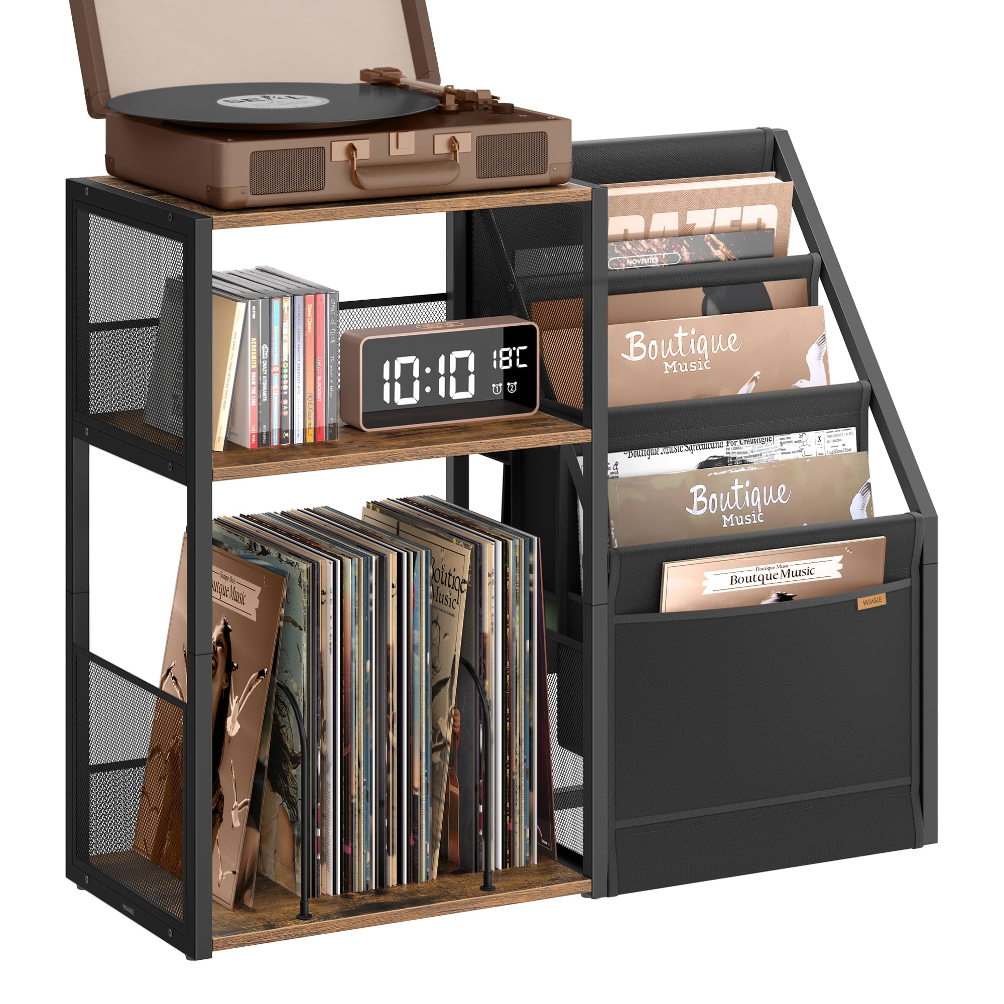 VASAGLE Record Player Stand, 3-Tier Side Table, Vinyl Record Storage up to 140 Albums, End Table for Living Room, Bedroom, Rustic Brown ULET276K01 Rus