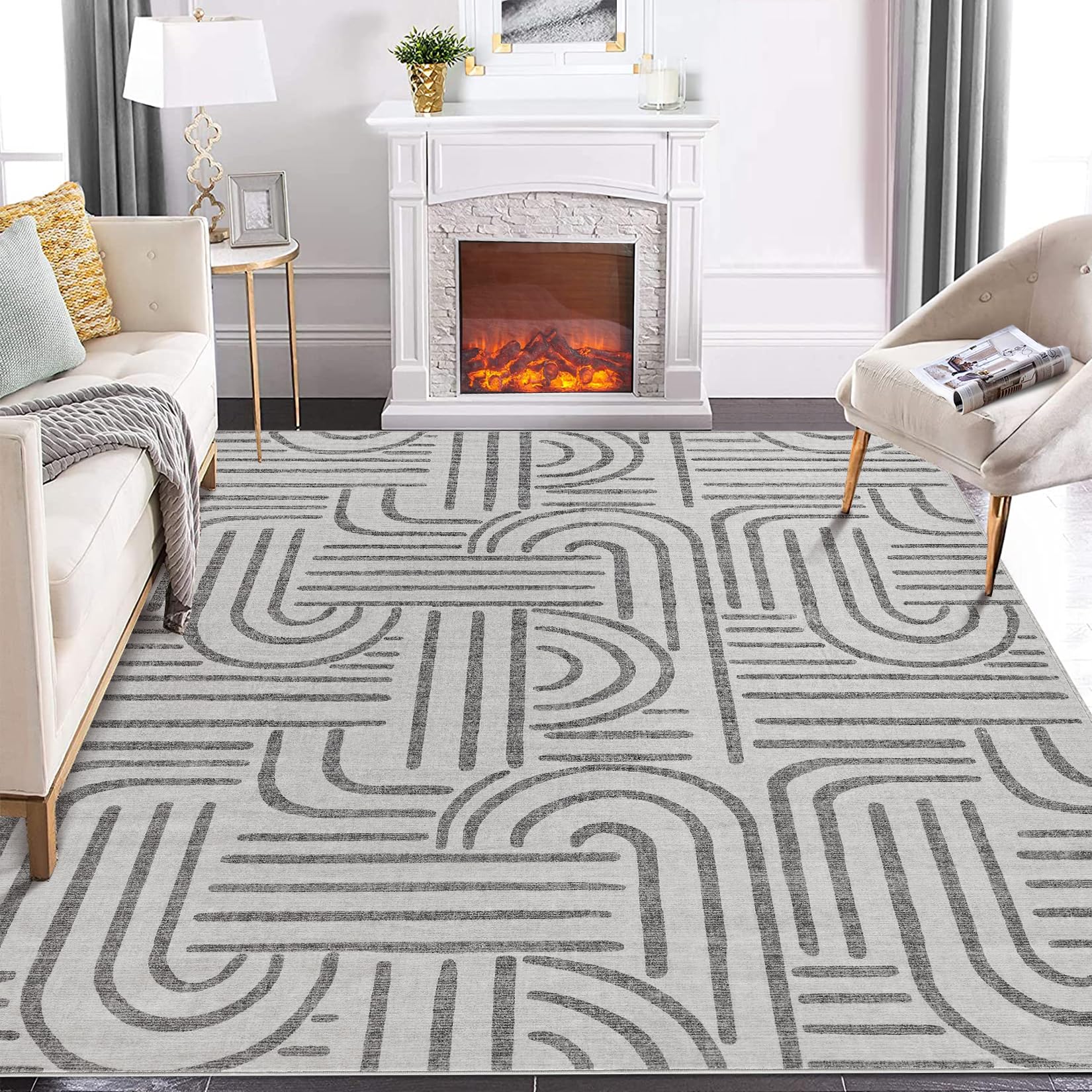 Garvee Washable 10x13 Area Rugs Abstract Soft Rainbow Non Slip Low Pile Stain Resistant Carpet Grey for Living Room Bedroom Dining Room
