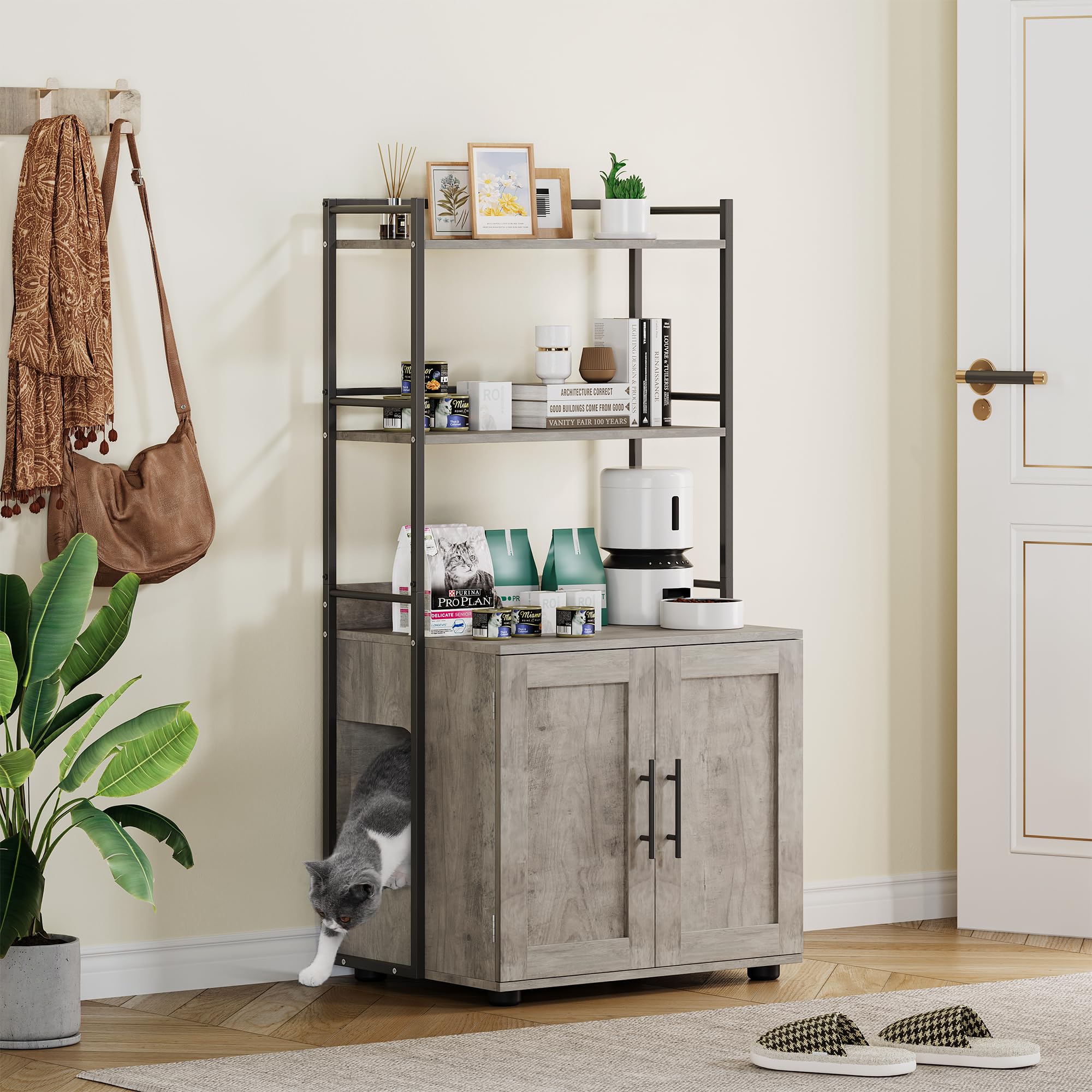 Garvee Cat Litter Box Enclosure + Shelf Storage, 2-in-1 Hidden Cat Washroom Furniture, MDF Panel, Grey, Indoor Use