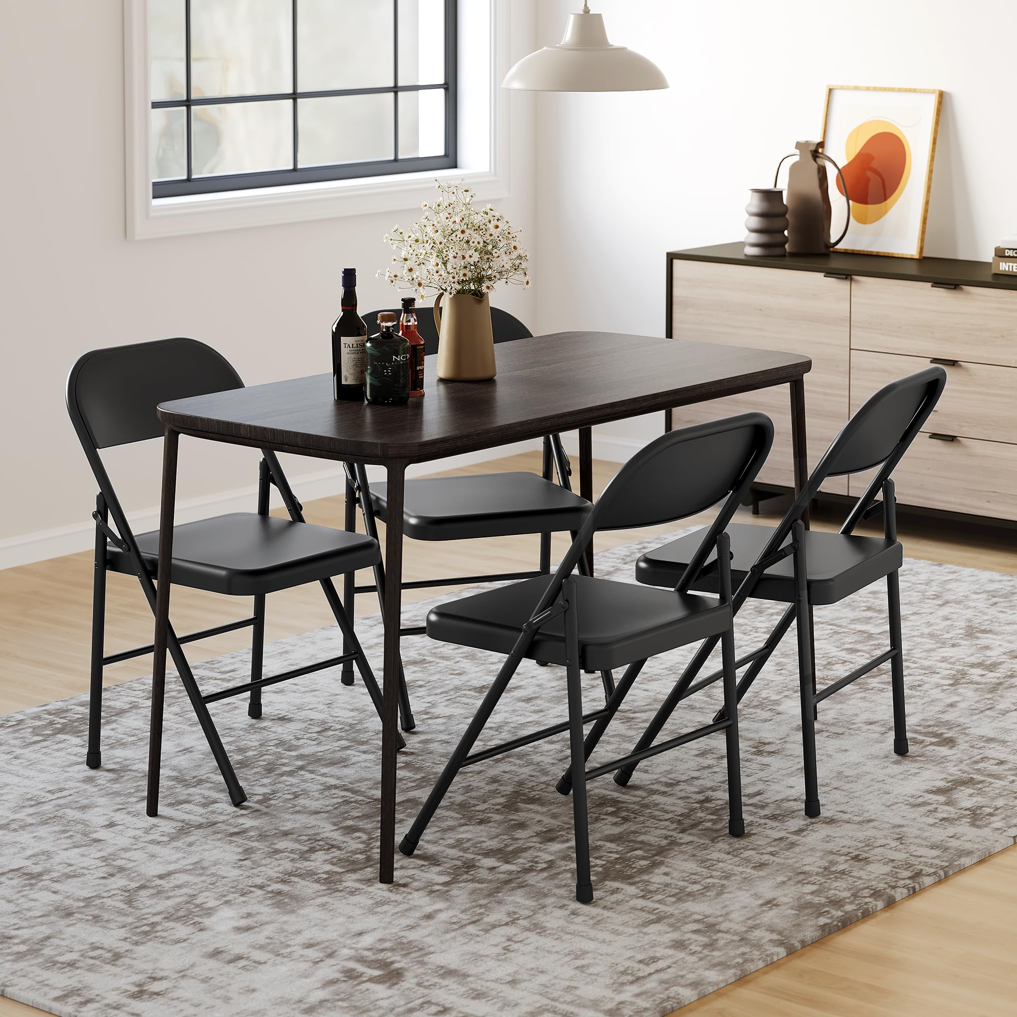 Garvee Folding Chairs Set of 4, Foldable Chairs with Metal Frame Hold Up to 350 Pounds, Portable Black Folding Chairs Suitable for Dining Room, Living