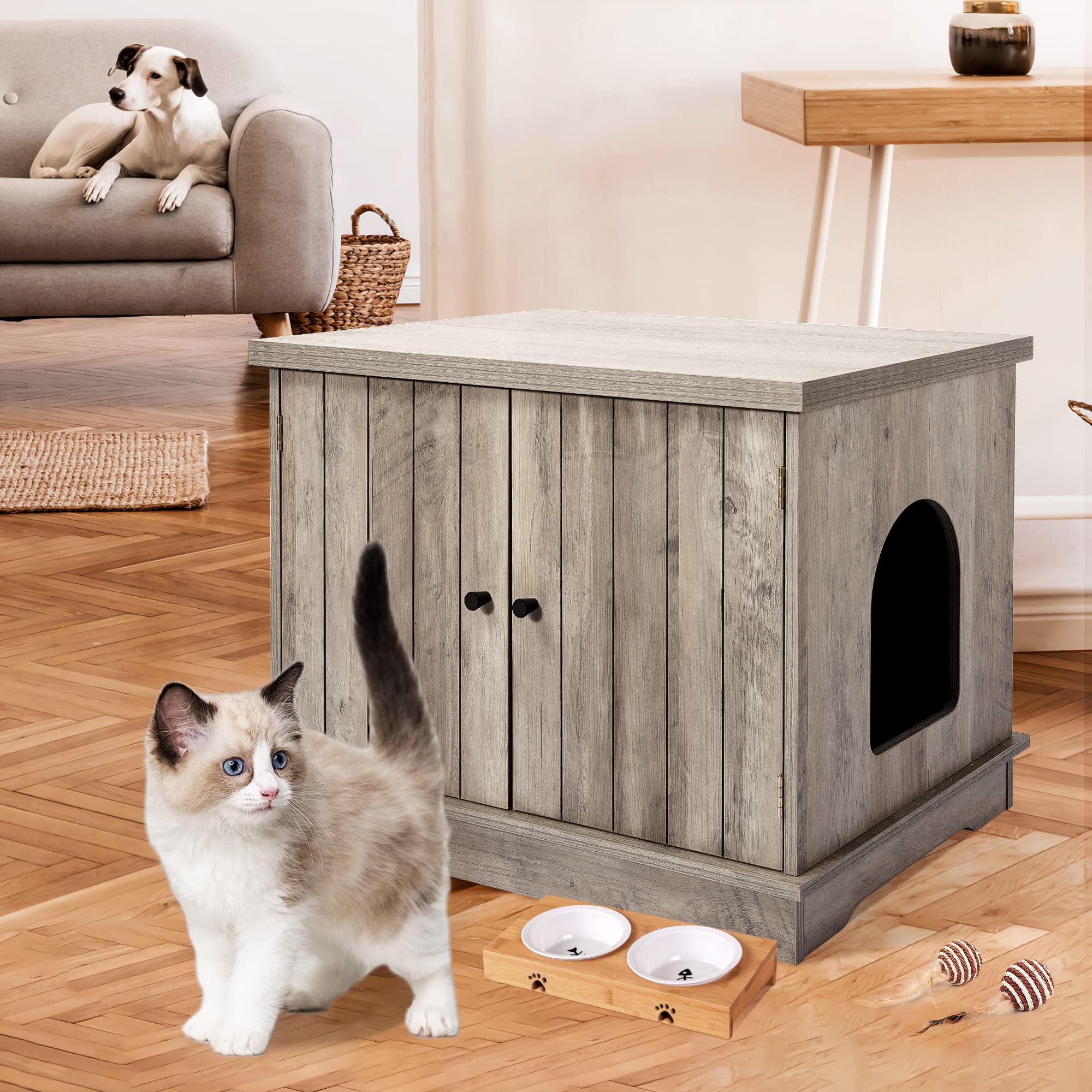 Garvee Cat Litter Box Enclosure with Removable Divider, Wooden Pet House Bench, Hidden Cat Washroom, Side Entry, Large Size, Indoor Use