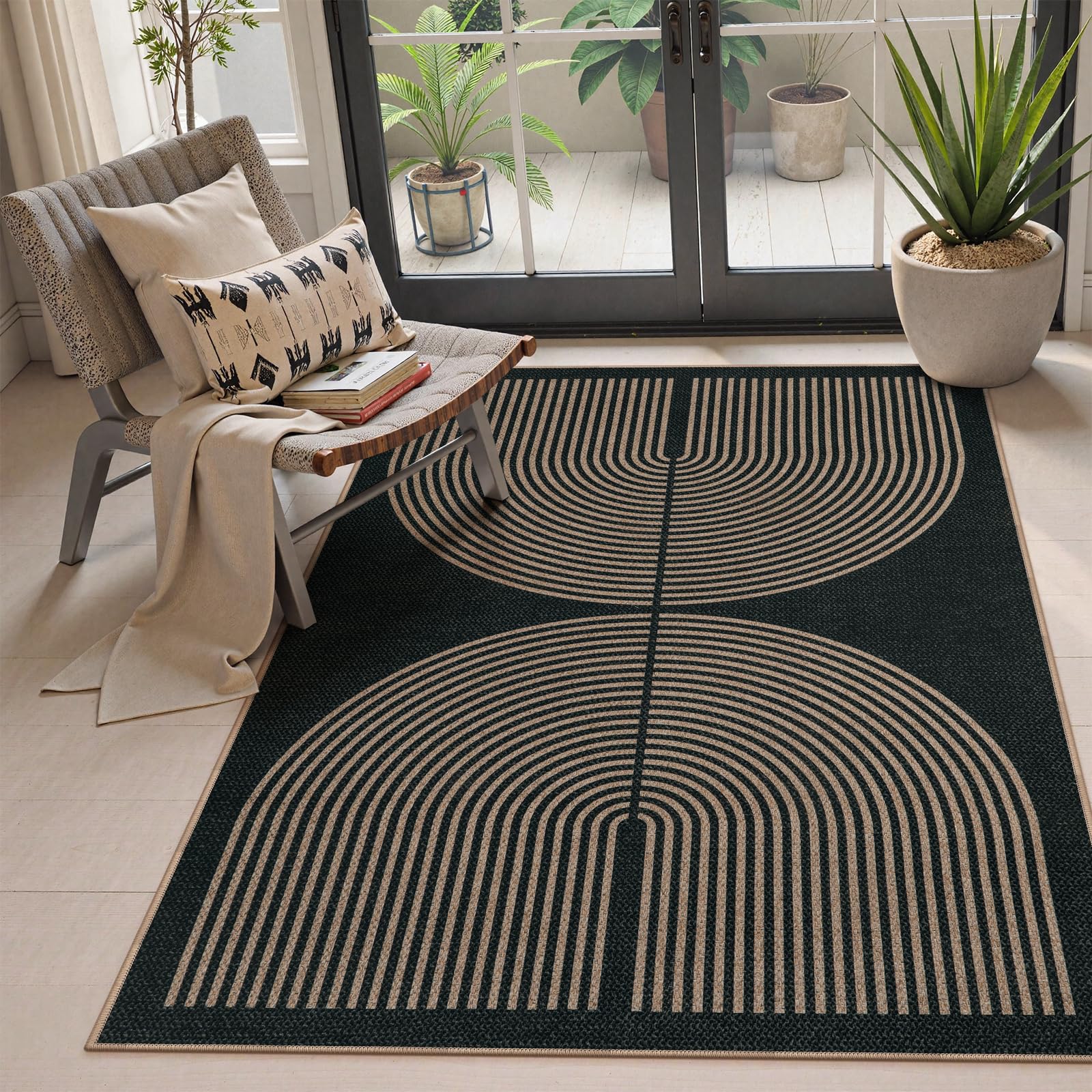 Lahome Modern Rainbow Easy Jute 4x6 Rug, Outdoor Patio Rug for Living Room Washable Black Carpet for Bedroom, Contemporary Non Slip Non Shedding Floor