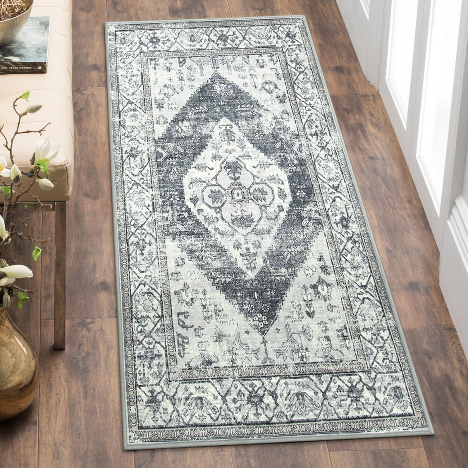 Lahome Boho Hallway Rug Runner - 2x4 Washable Non-Slip Small Bathroom Runner, Oriental Distressed Untra-Thin Carpet Rug for Kitchen Entryway Bedroom L