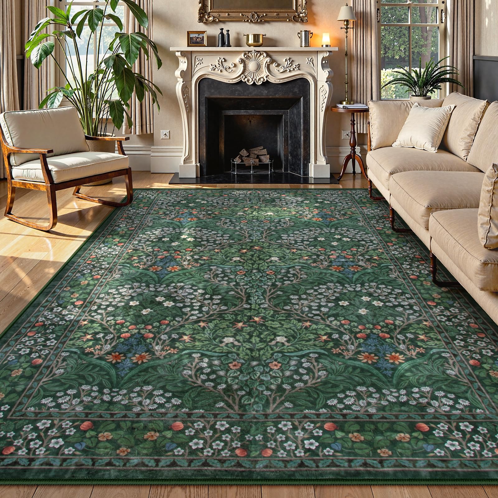 Lahome Floral Dark Green Area Rugs 8x10, Soft 8x10 Washable Rugs for Living Room Bedroom, Boho Non-Slip Forest Large Throw Carpet for Farmhouse Dining