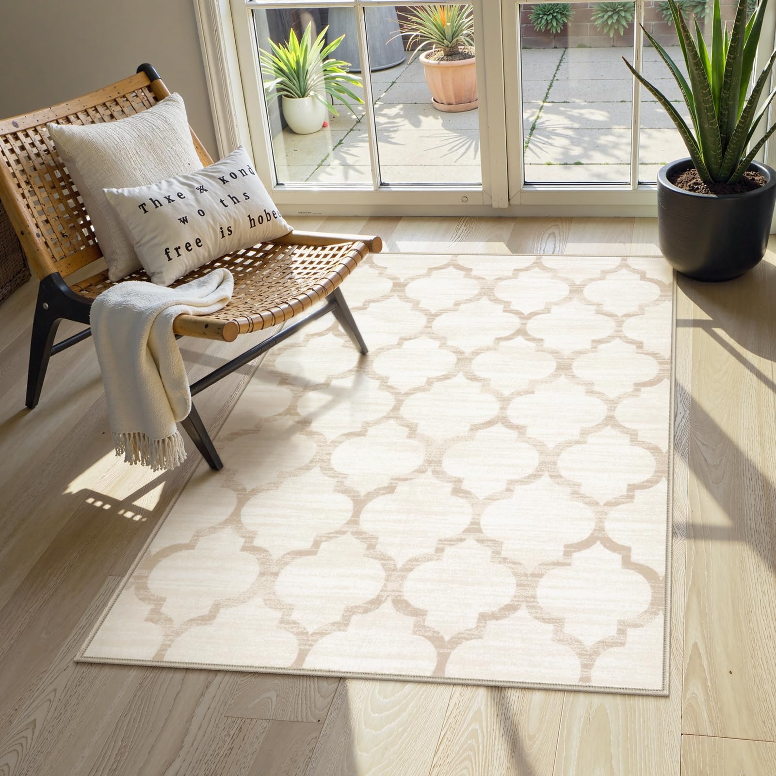 Lahome Moroccan 3x5 Washable Rug, Small Rugs for Bedroom Aesthetic Entry Way Rugs Indoor Non-Slip Low-Plie Throw Office Rug Ivory Distressed Capet for