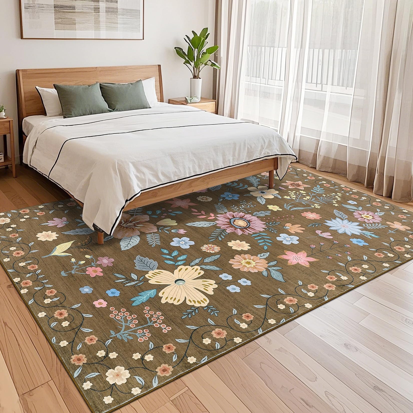 Garvee Floral 8x10 Large Area Rugs Ultra-Thin Soft Boho Flower Carpet Non Slip Washable Brown