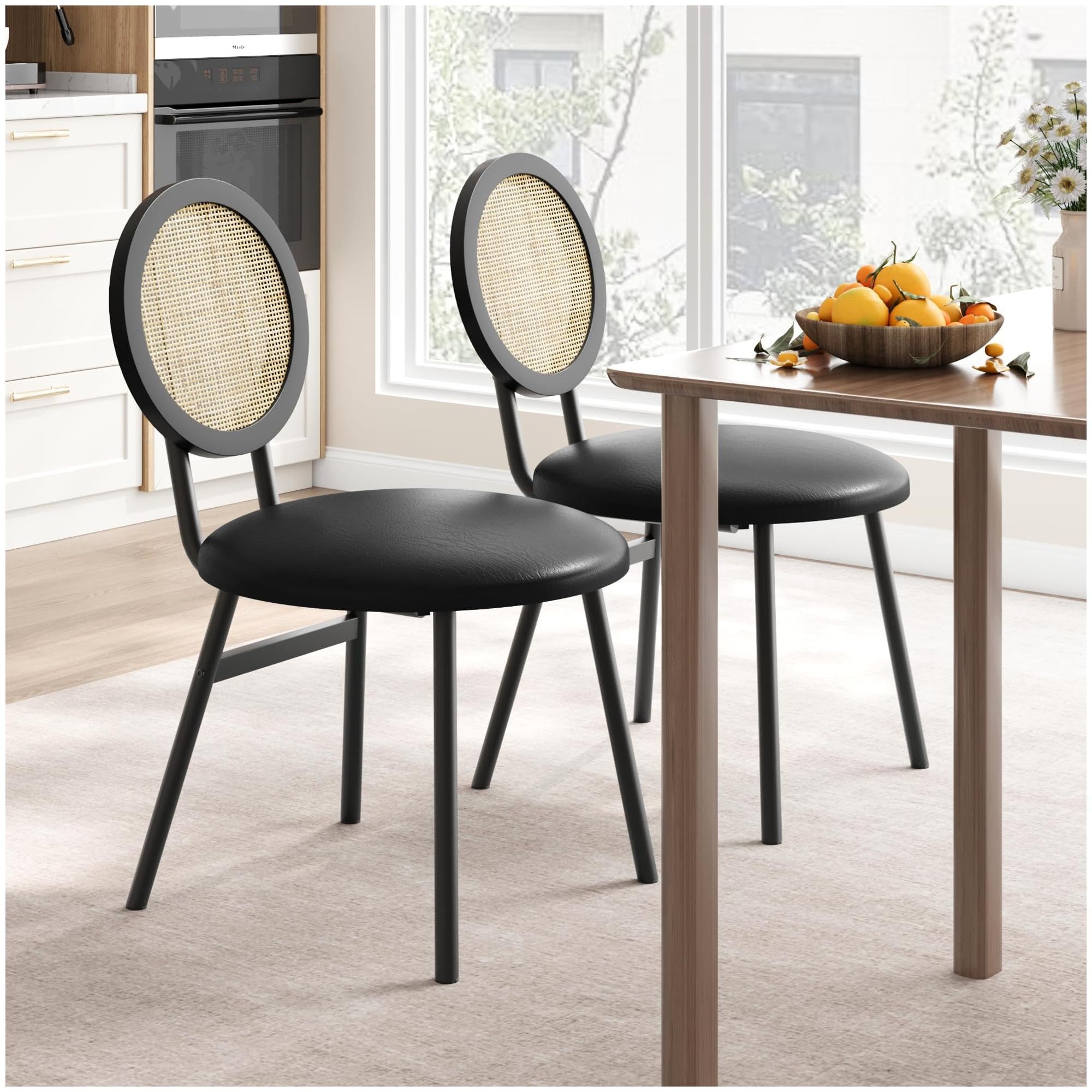 Garvee Dining Chairs Set of 2, Thicken Upholstered, Modern Black, Space Saving, Metal Legs, Natural Rattan, for Living Room