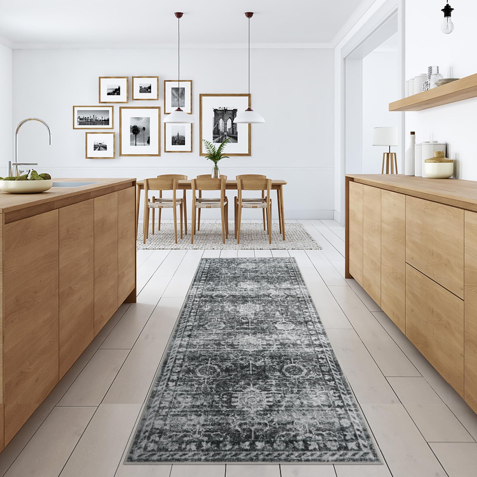 Garvee 2x6 Non Slip Washable Kitchen Runner Rug Vintage Boho Indoor Carpet Black & Grey