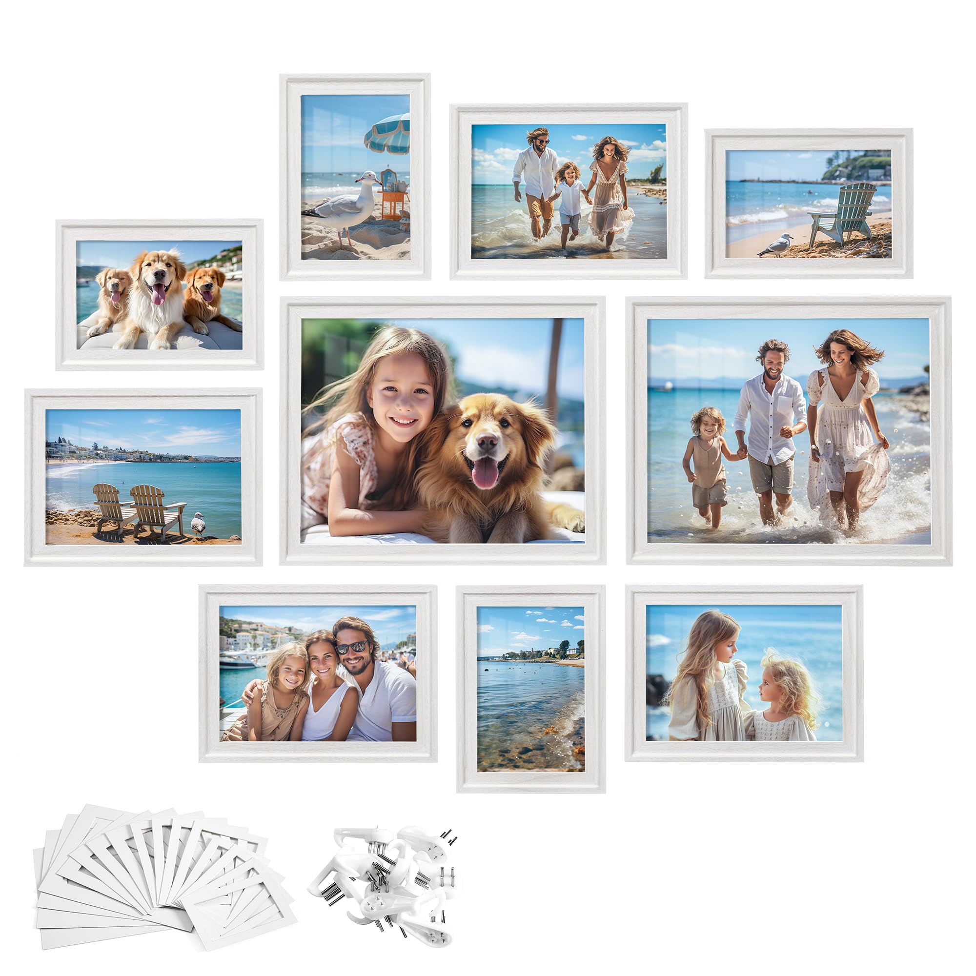 SONGMICS Picture Frames with 16 Mats, Set of 10 Collage Photo Frames, Two 8x10, Four 5x7, Four 4x6 Frames, Hanging or Table Display, Glass, 12 Non-Tra