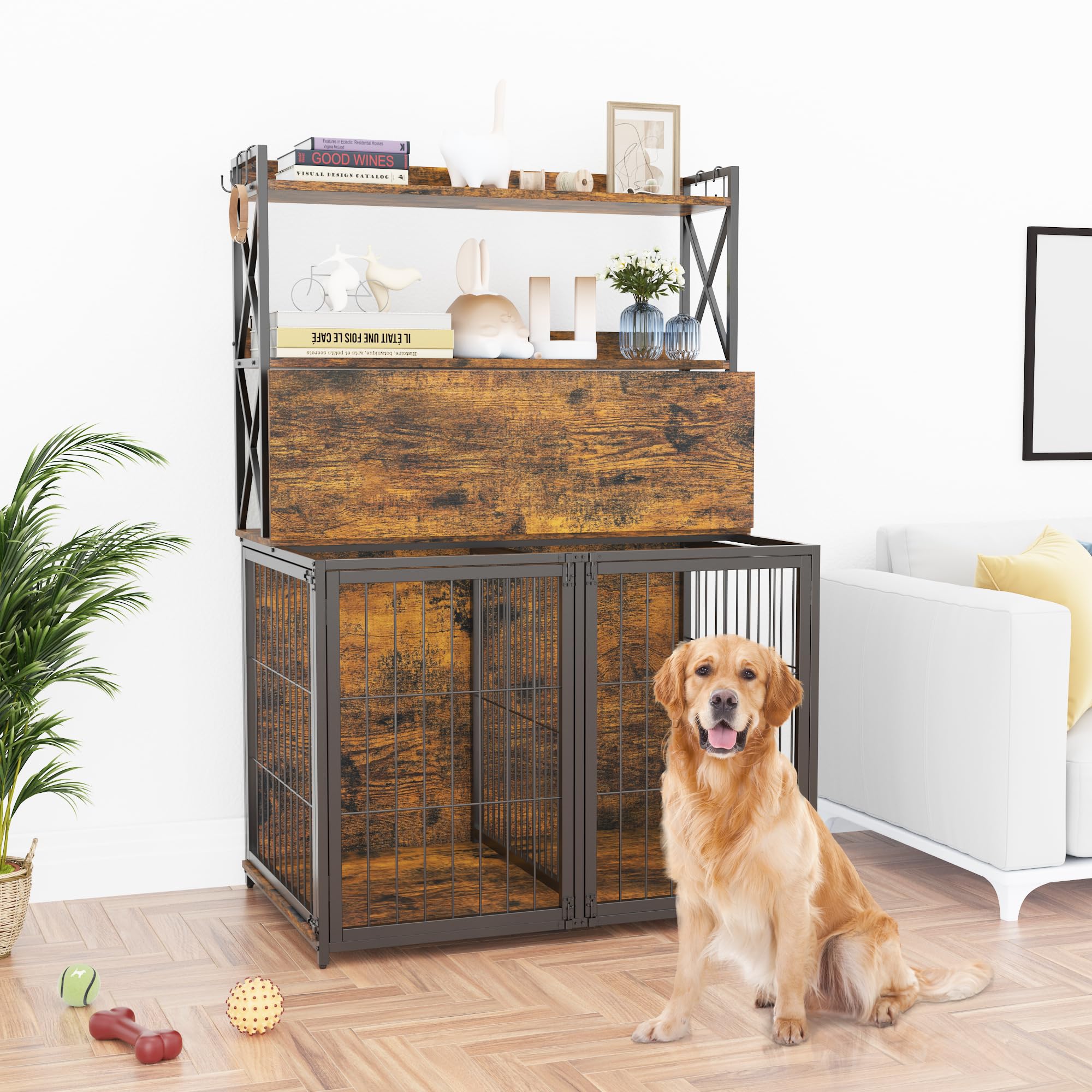 Garvee Dog Crate Furniture Heavy Duty Wooden Pet House With Storage Shelves Indoor Dog Cage 4 Doors Brown Small Medium Dogs
