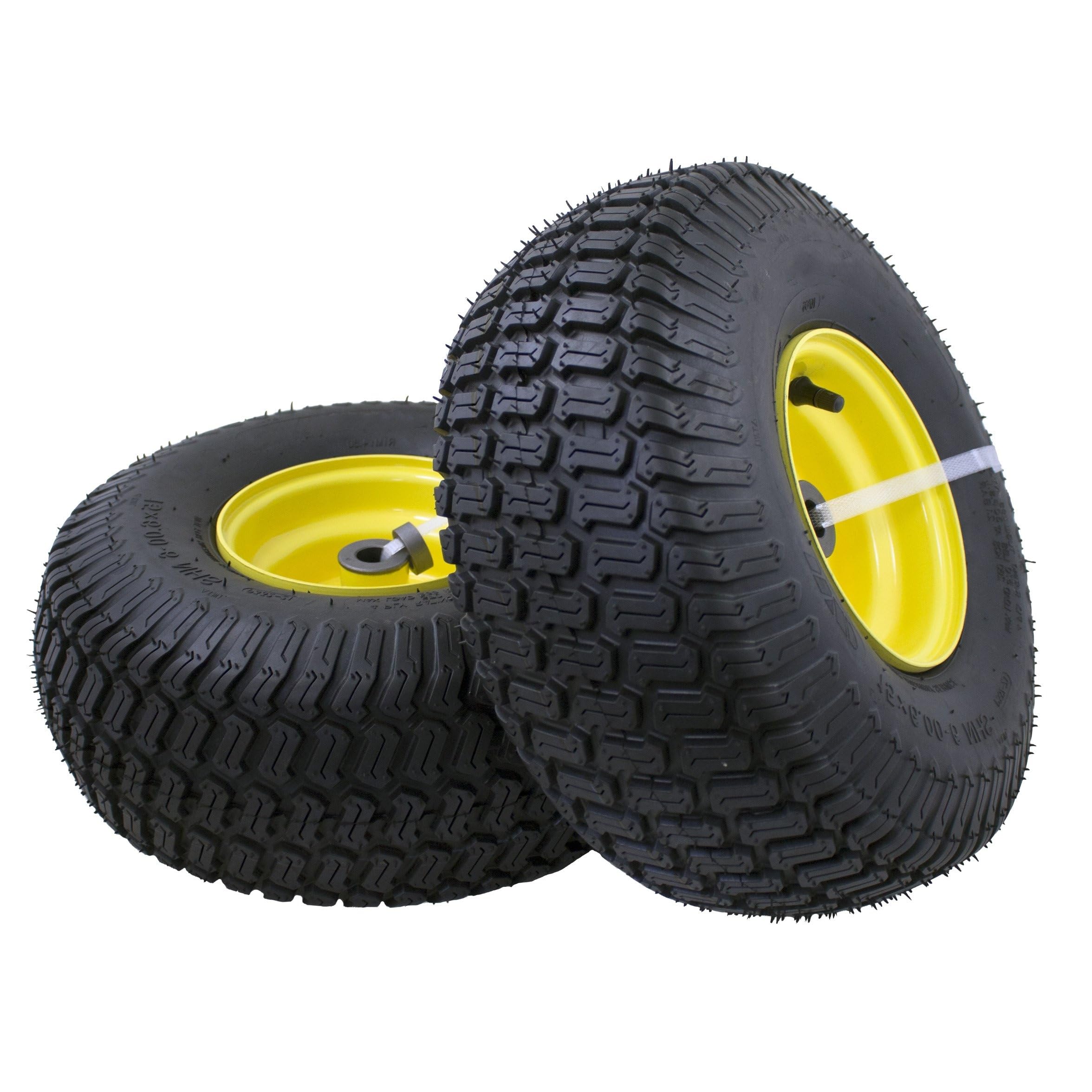 Garvee 15x6.00-6 Lawn Mower Tires with Rim (Fit Most John Deere Riding Mowers), 3" Offset Hub, 3-4" Bushing, 4 Ply Tubeless, 15x6-6 Tractor Turf Tire,