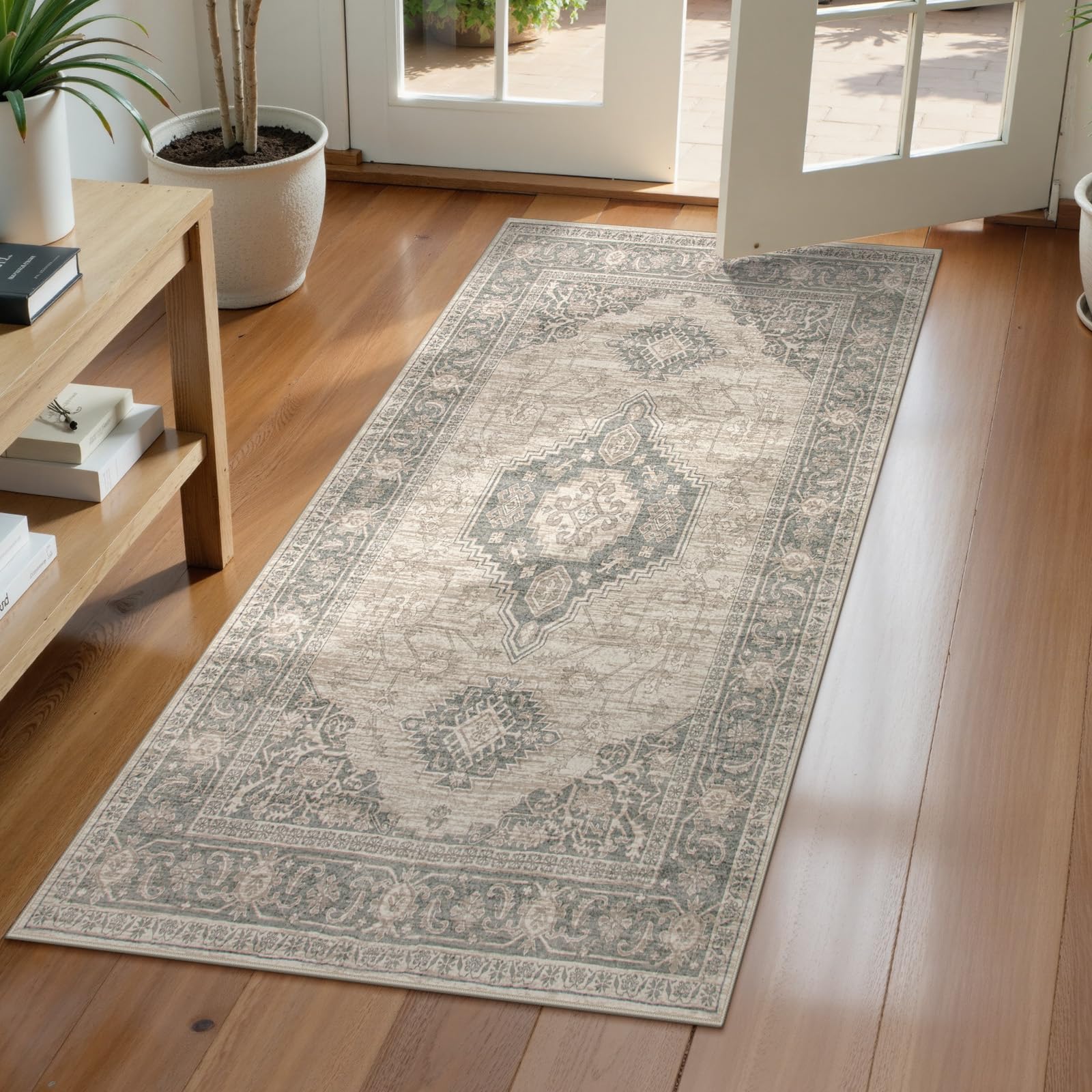 Lahome Oriental Small Area Rug, 2x4 Washable Entryway Rug Non-Slip Ultra-Thin Indoor Door Mat Distressed Throw Carpet for Kitchen Bedroom, Grey-Brown