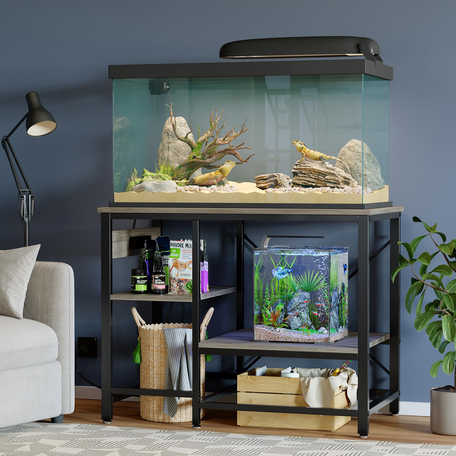 40-50 Gallon Fish Tank Stand with Charging Station, 36x19 Metal Aquarium Stand with 3-Tiers Adjustable Storage Shelves, 6-Legs Reptile Terrarium Stand