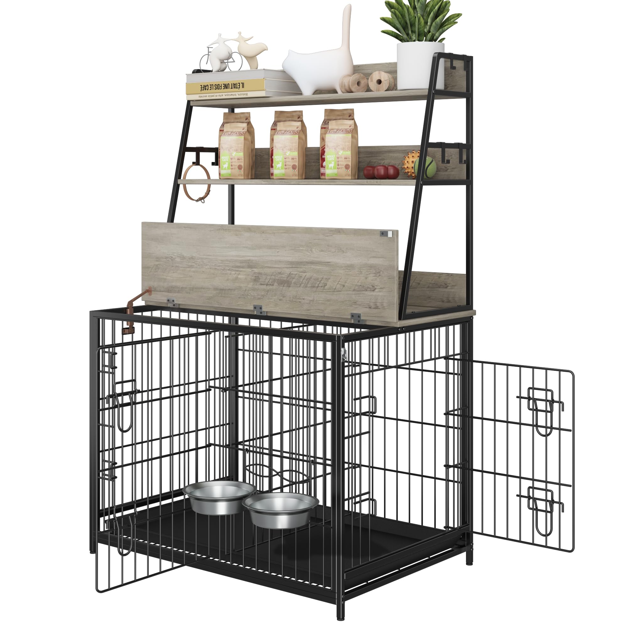 Garvee Wooden Dog Crate Furniture with Storage Shelves, Removable Tray, Double Doors, Adjustable Bowls and Flip-up Top, Grey