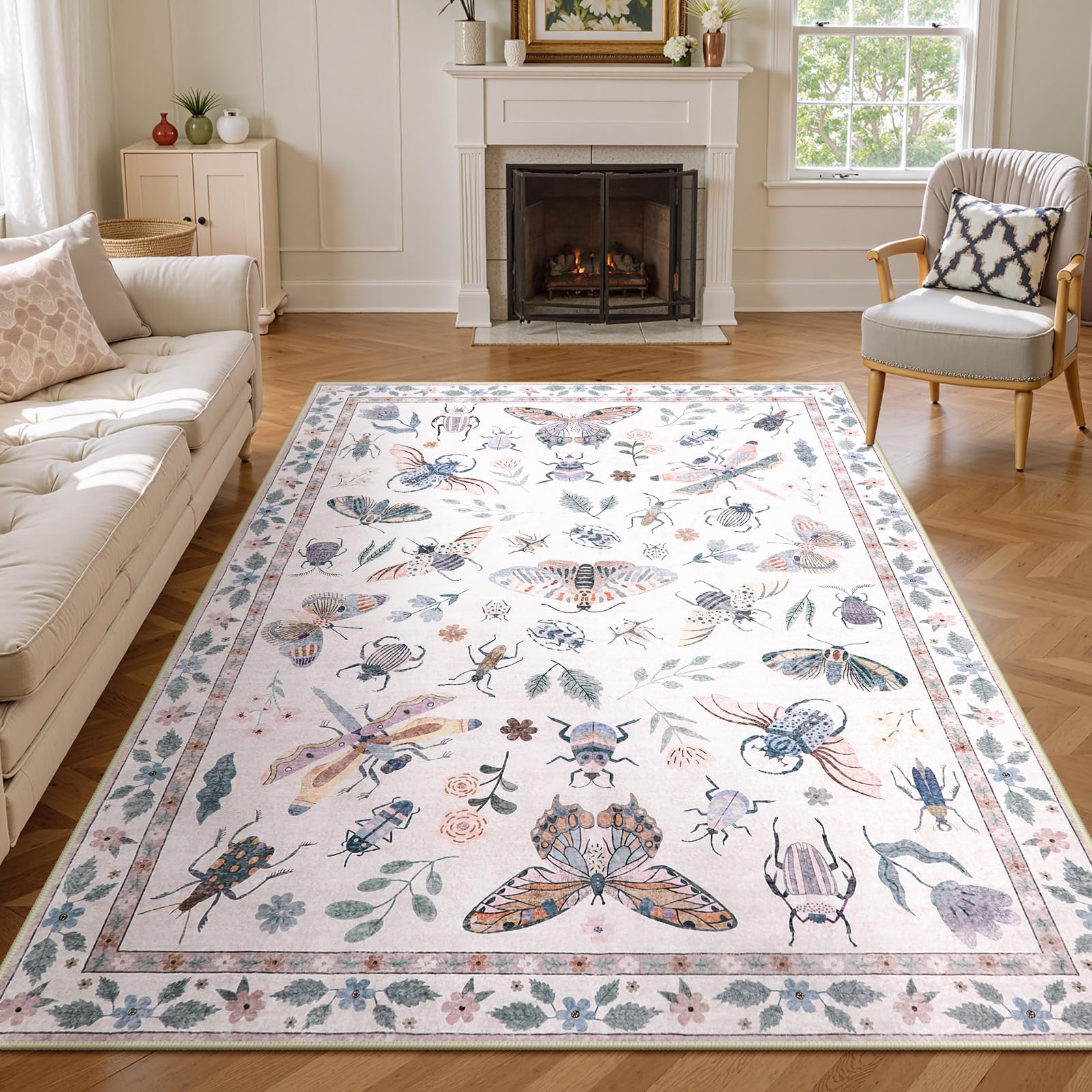 Lahome Insect Machine Washable Rugs 5x7, Non Slip Soft Pink Rugs for Bedroom Girls Living Room, Ultra-Thin Stain Resistant Accent Carpet for Dining Ro