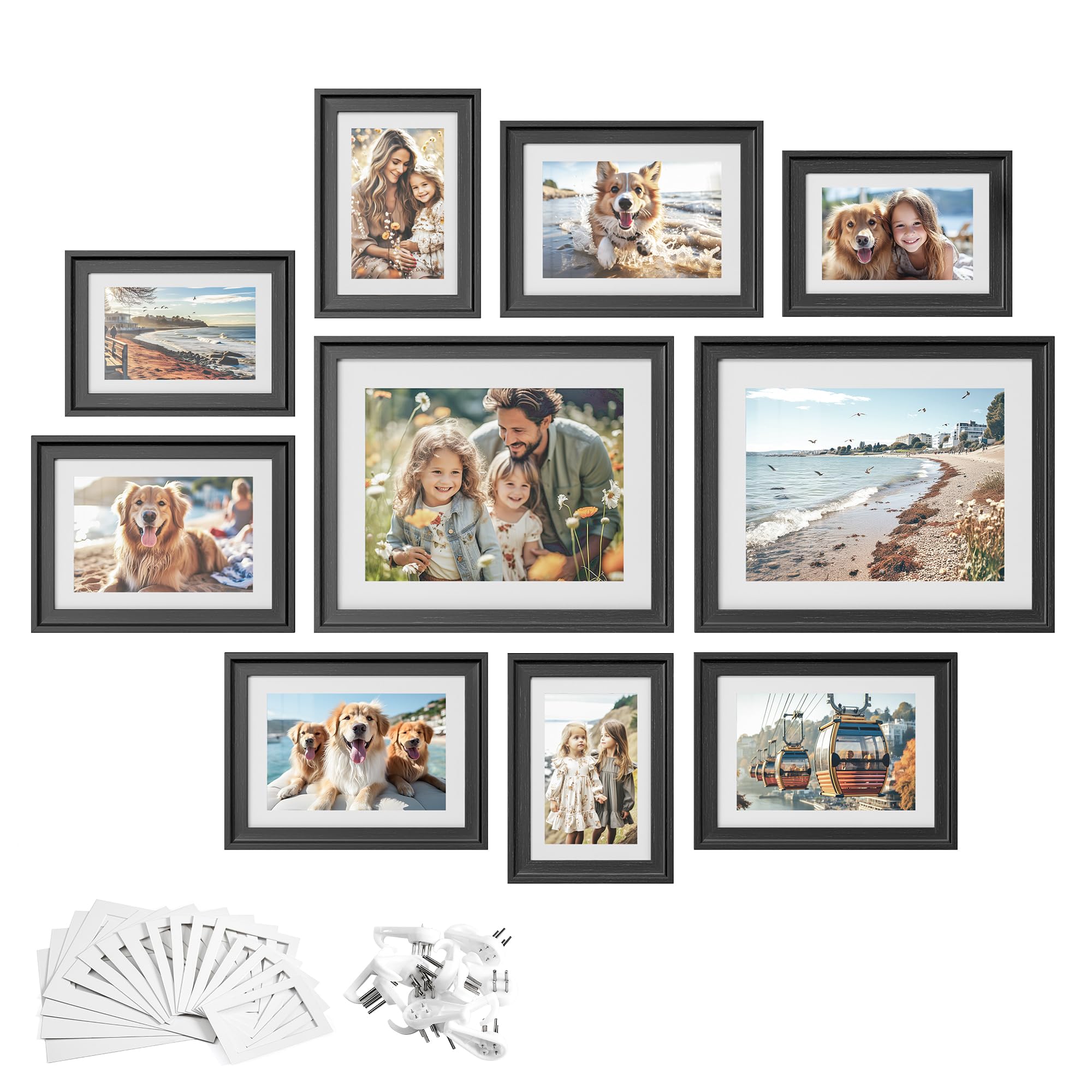 SONGMICS Picture Frames with 16 Mats, Set of 10 Collage Photo Frames, Two 8x10, Four 5x7, Four 4x6 Frames, Hanging or Table Display, Glass, 12 Non-Tra
