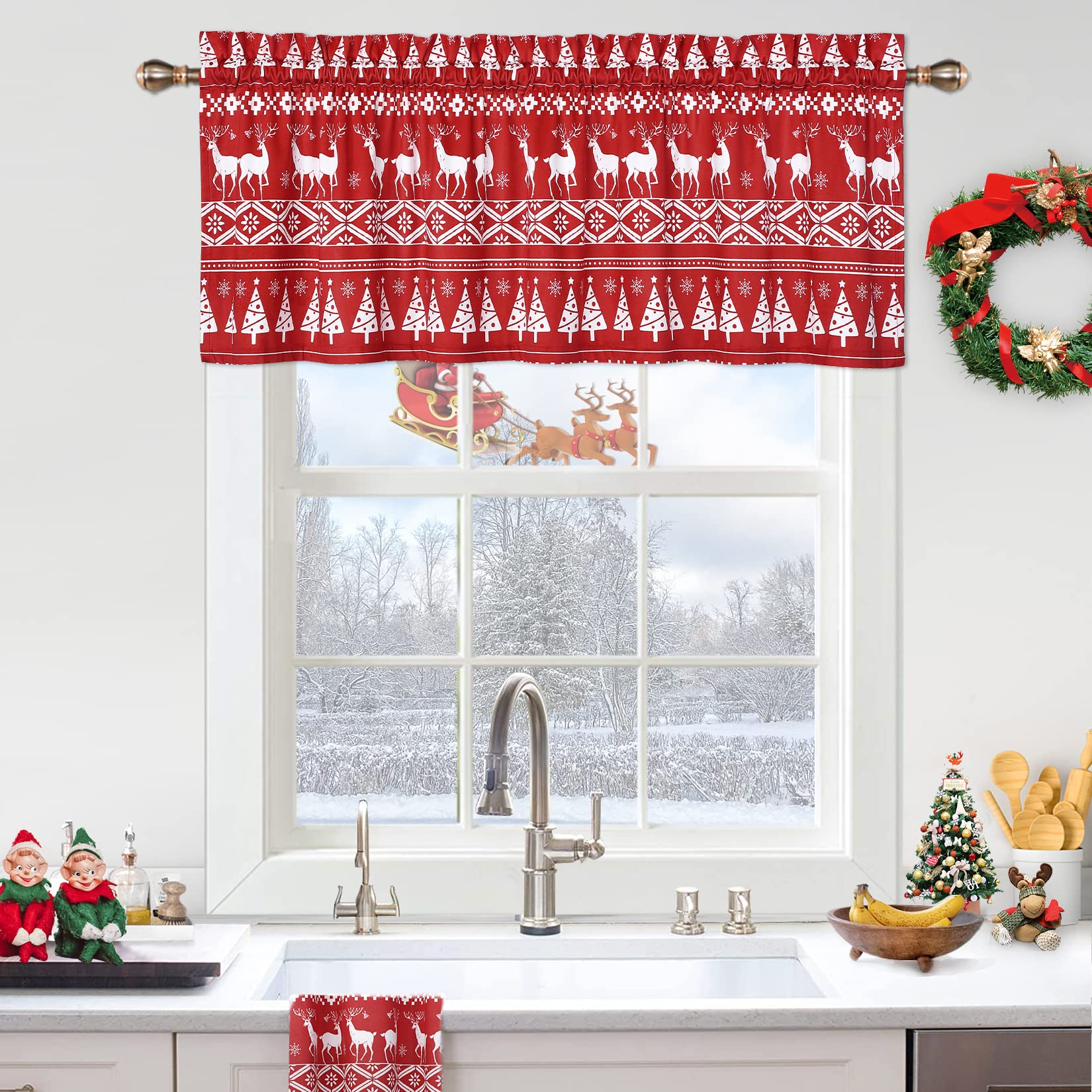 Garvee Red Boho Velvet Window Valances Xmas Tree Deer Snowflake Pattern Window Treatment Decor Curtains Window Dressing Christmas Decor for Kitchen-Li