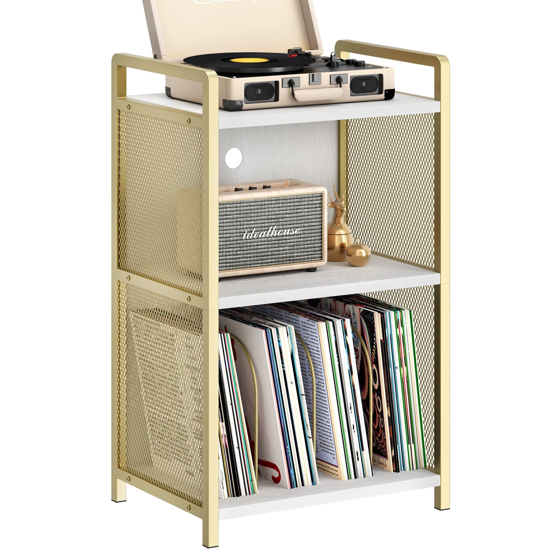 Garvee Record Player Stand with Storage, Gold Wooden Turntable Stand with Mesh Gold Metal Side, 3-Tier Golden Record Player Side Table for Living Room