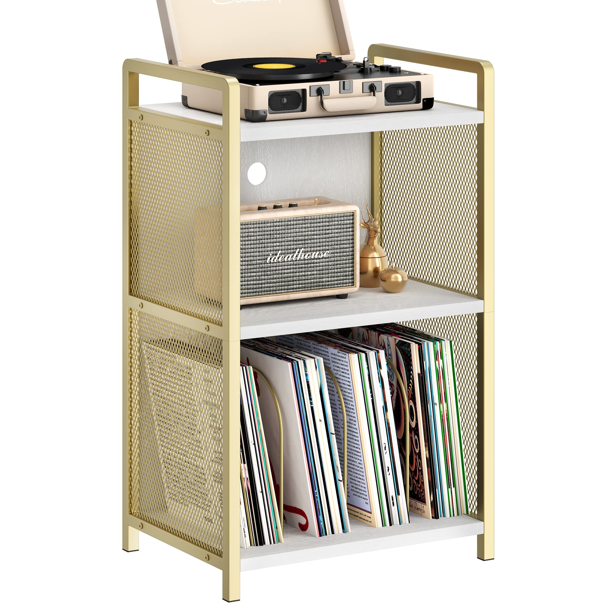 Garvee Record Player Stand with Storage, Gold Wooden Turntable Stand with Mesh Gold Metal Side, 3-Tier Golden Record Player Side Table for Living Room