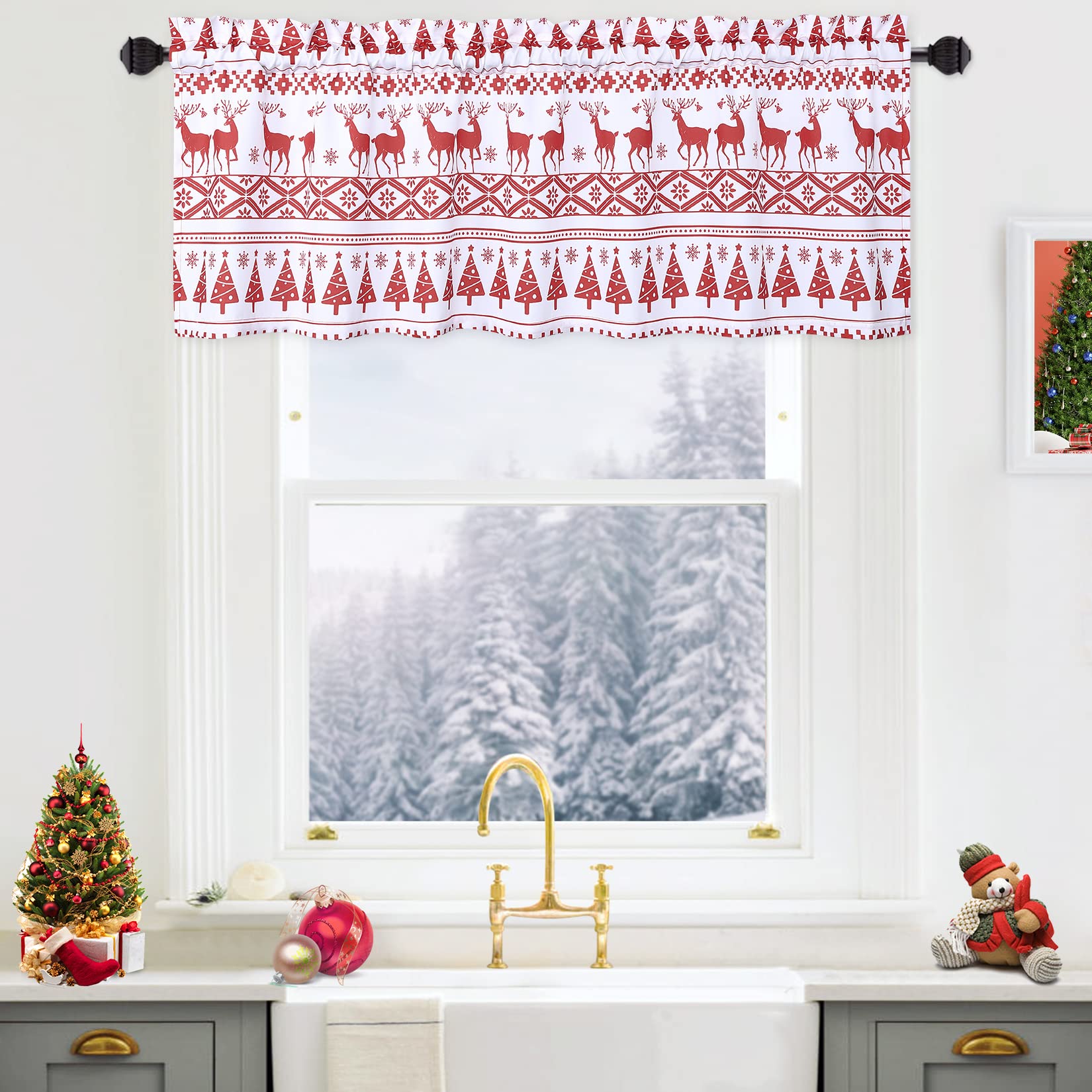 Garvee Christmas Tree and Deer Valance Curtain for Bathroom, Boho Style Valance Curtains for Windows, Xmas Home Decorations Kitchen Valance Curtain Ca