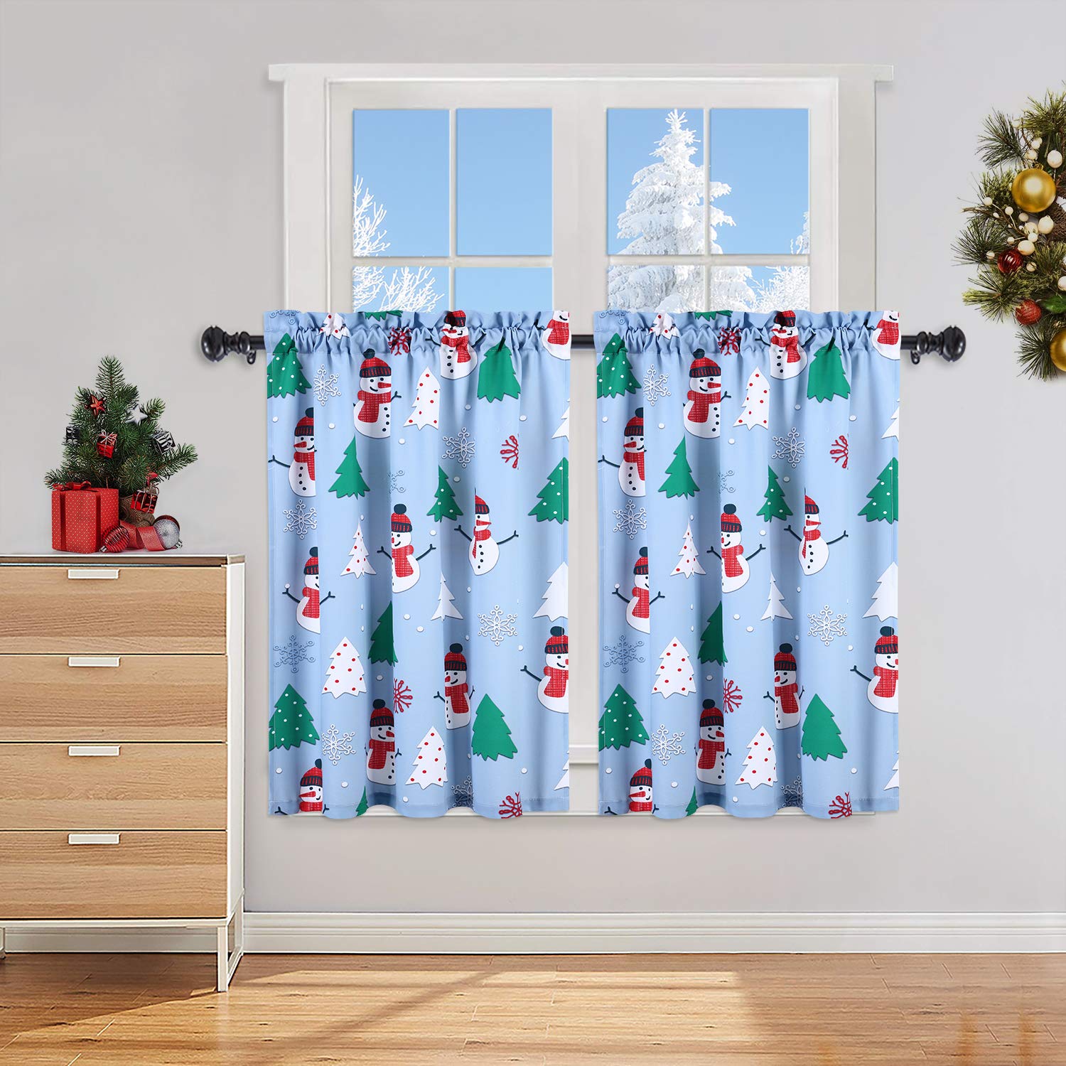 Garvee Cafe Curtains 36 Inch, Christmas Snowman Printed Rod Pocket Short Window Curtains, Multicolor Xmas Tree and Snowflake Print Kitchen Window Curt