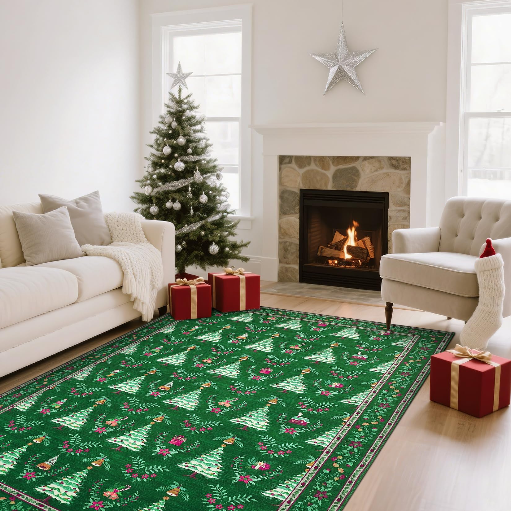 Garvee Christmas Tree Printed Floor Mat Indoor Machine Washable Soft Thin Area Rug 4x6ft Green Non Slip
