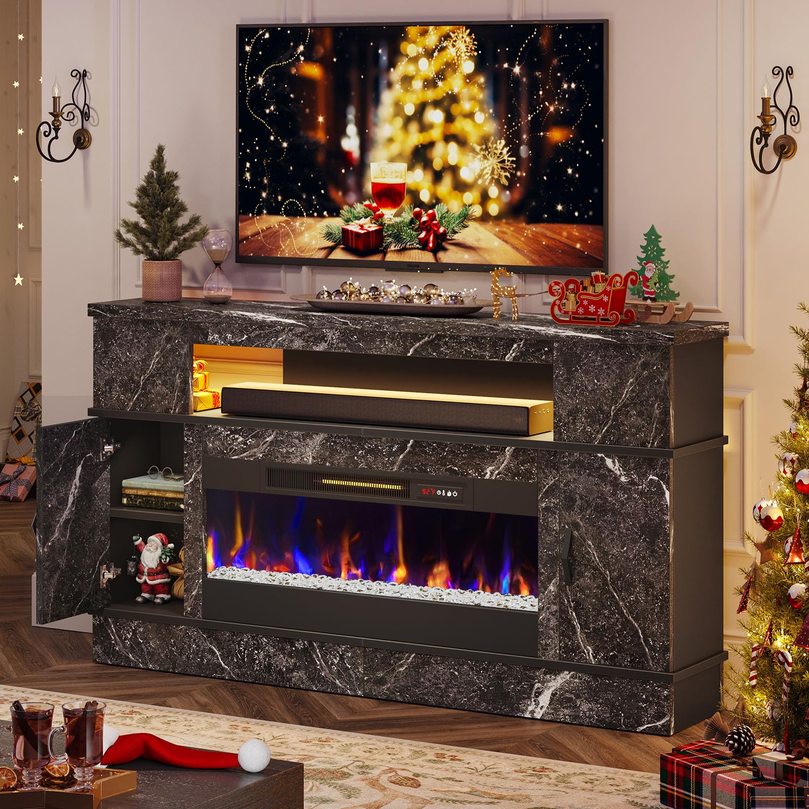 Bestier Tall LED Fireplace TV Stand for TVs up to 70", 63" Gaming Entertainment Center Modern Console Table with 36" Electric Fireplace and Storage Ca