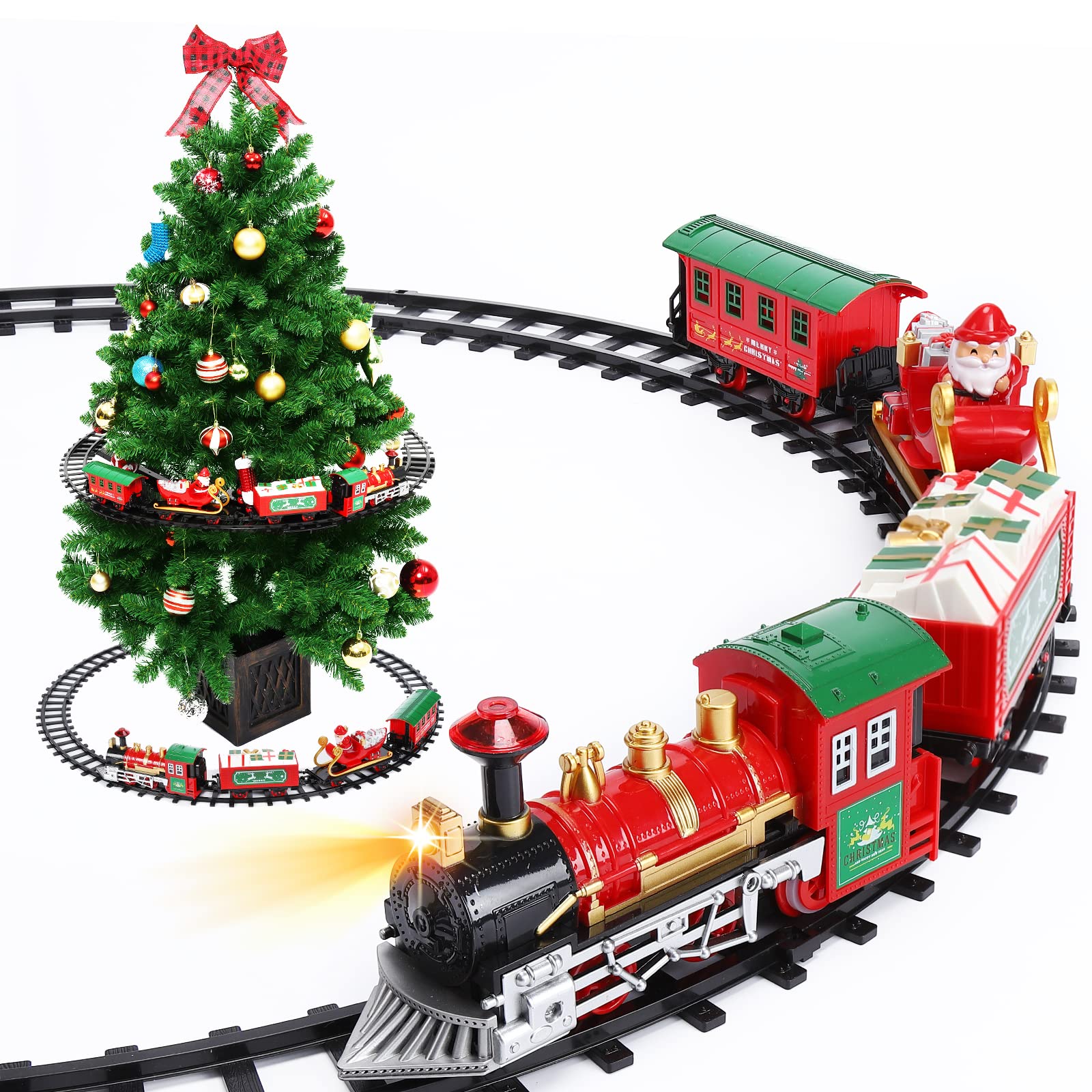 Garvee Christmas Train Set for Around & Under The Tree, Electric Train Set with Light & Sound, Battery Operated Train Toys with Locomotive Engine, Car