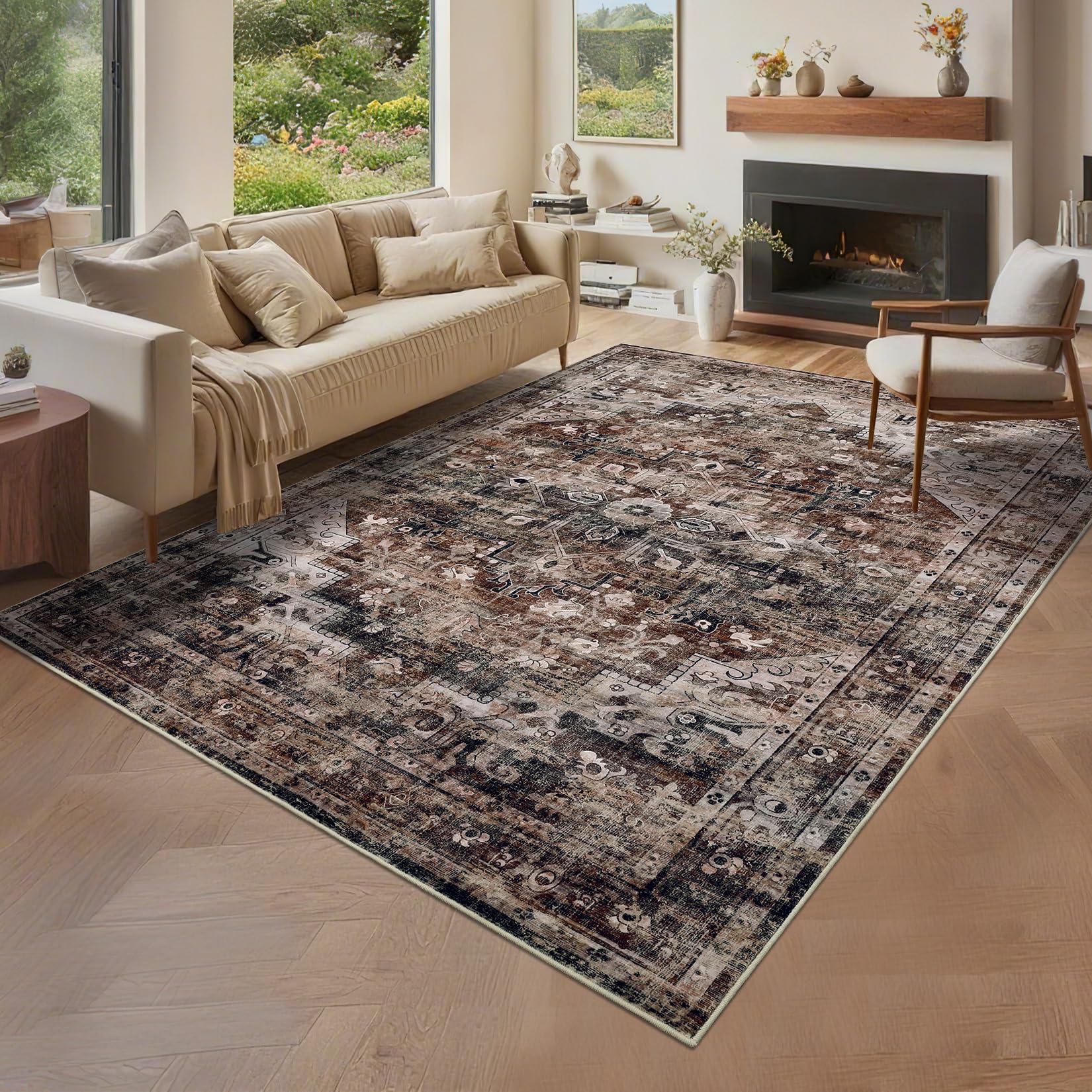 Garvee 8x10 Washable Vintage Living Room Area Rug Non-Slip Brown Low Pile Stain Resistant Carpet