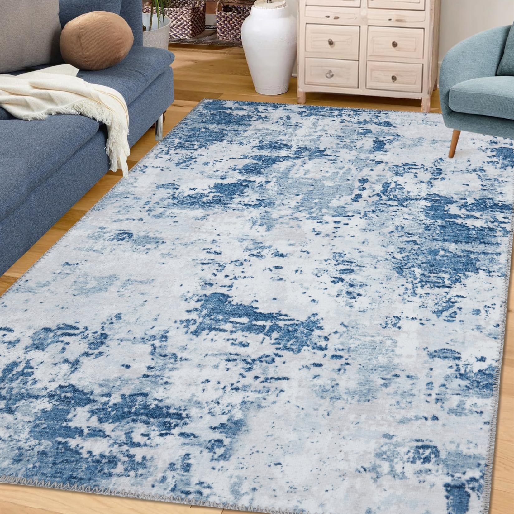 Garvee Abstract Blue 5x7 Area Rug Living Room Modern Anti-Slip Area Rug Low Pile Distressed Rug Machine Washable Coastal Grey Rugs Floor Mats for Home